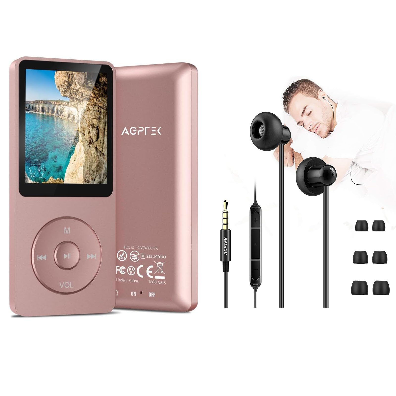 AGPTEK 16GB MP3 Player with Noise Cancelling Earbuds - Portable Music Player for Running, Workout, Travel & Sleep | High Quality Sound & Lightweight Design