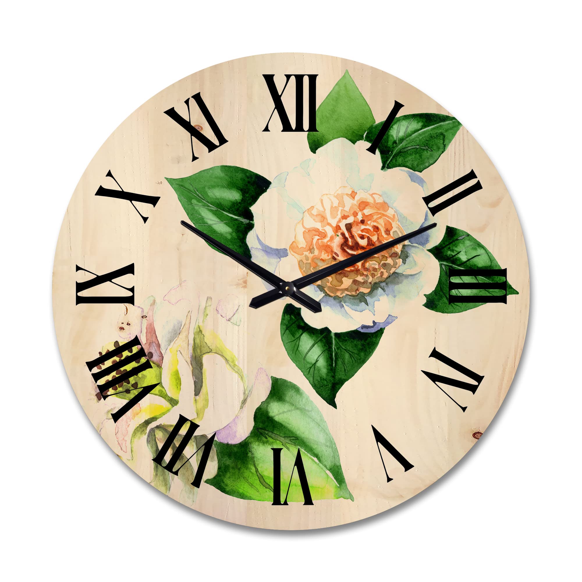 DesignQ Large Traditional Wood Wall Clock - Ancient White Camellia Flowers with Green Leaves Floral Botanical Decor | Oversized Decorative Clock for Living Room, Bedroom & Office Décor | Perfect for Farmhouse, Vintage & Rustic Home Interiors