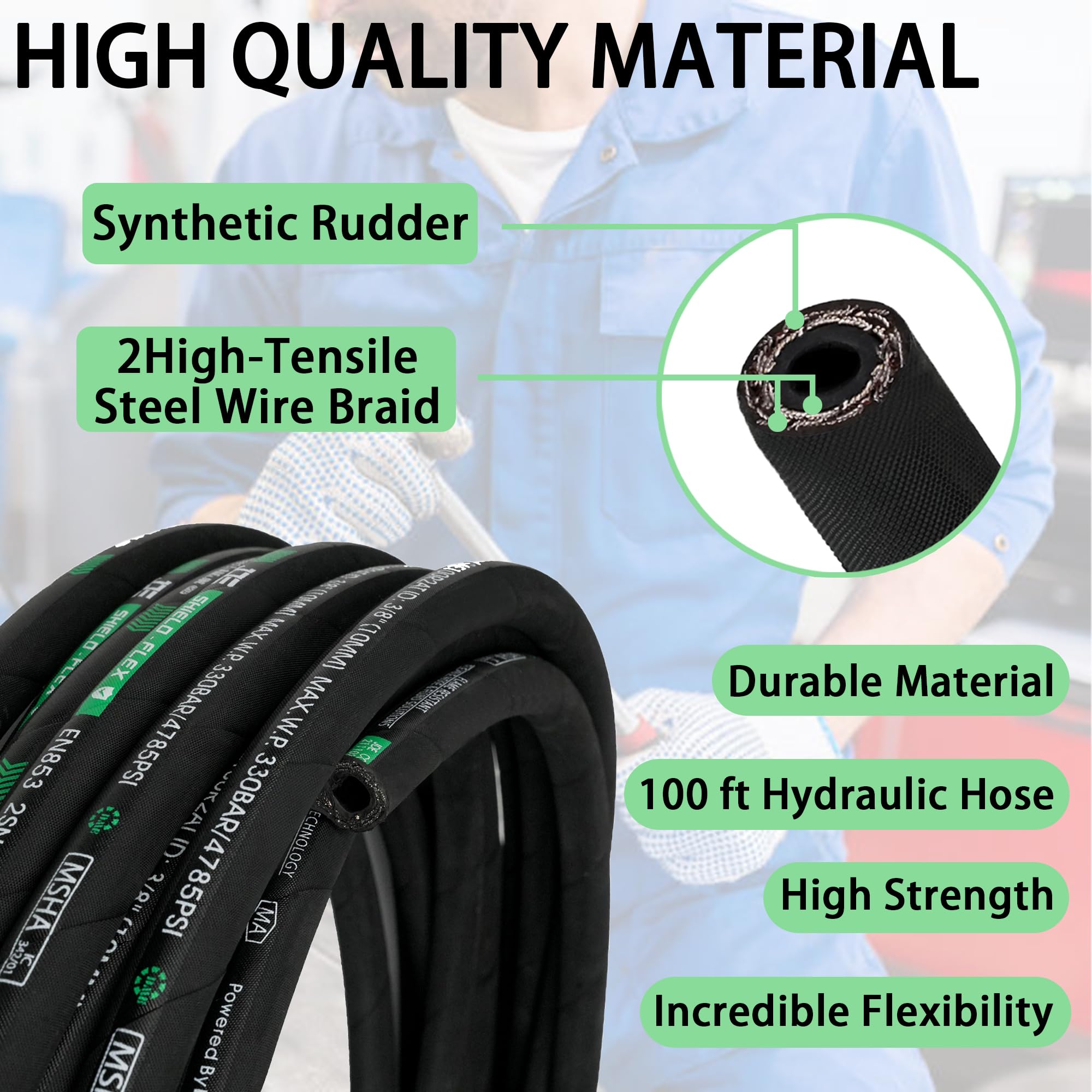 Haichy 1/4 in x 100 ft Hydraulic Hose - 5800 PSI High-Pressure Rubber Hose with 2-Layer Steel Wire Braid, Oil-Resistant & Flexible for Industrial, Agricultural, and Construction Equipment