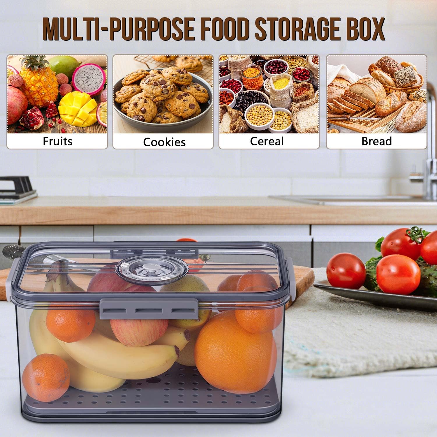 Airtight Bread Storage Container with Time Recording Lid - Kitchen Counter Bread Box for Homemade Bread, Toast, Bagels, Donuts & Cookies | Perfect for Freshness Preservation & Organized Baking (Grey)