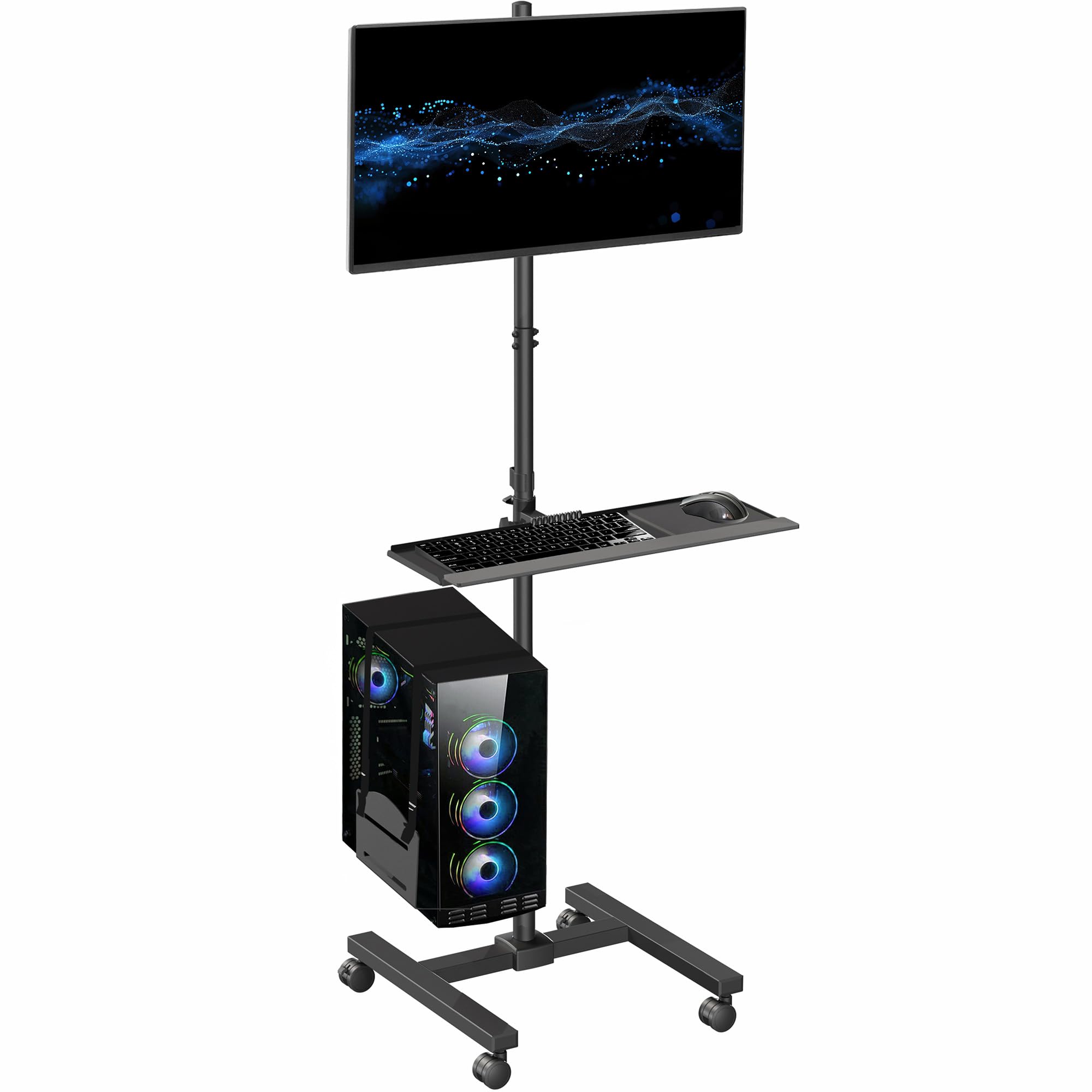 VIVO Mobile Computer Cart with Monitor Mount for up to 32” Screens, Rolling PC Desk Workstation with Full Keyboard Tray & Adjustable CPU Holder - Black (CART-PC02T) | Ideal for Office, Hospital, Classroom & Home Workspace Setup