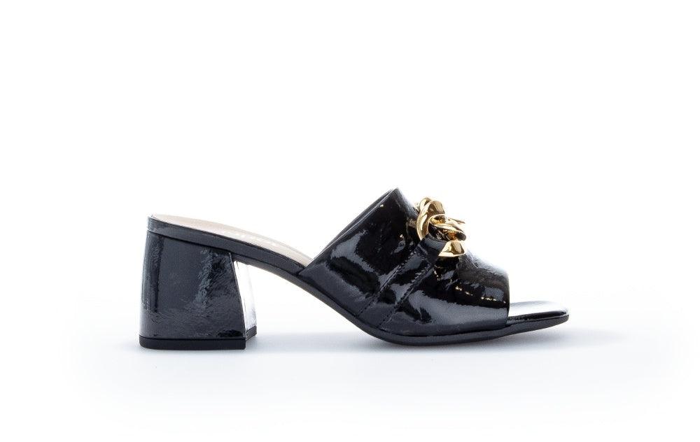 GABOR Women's Black Patent Leather Slider Mules with Block Heel & Buckle Detail - Comfortable Dress Shoes for Work, Office & Casual Outings