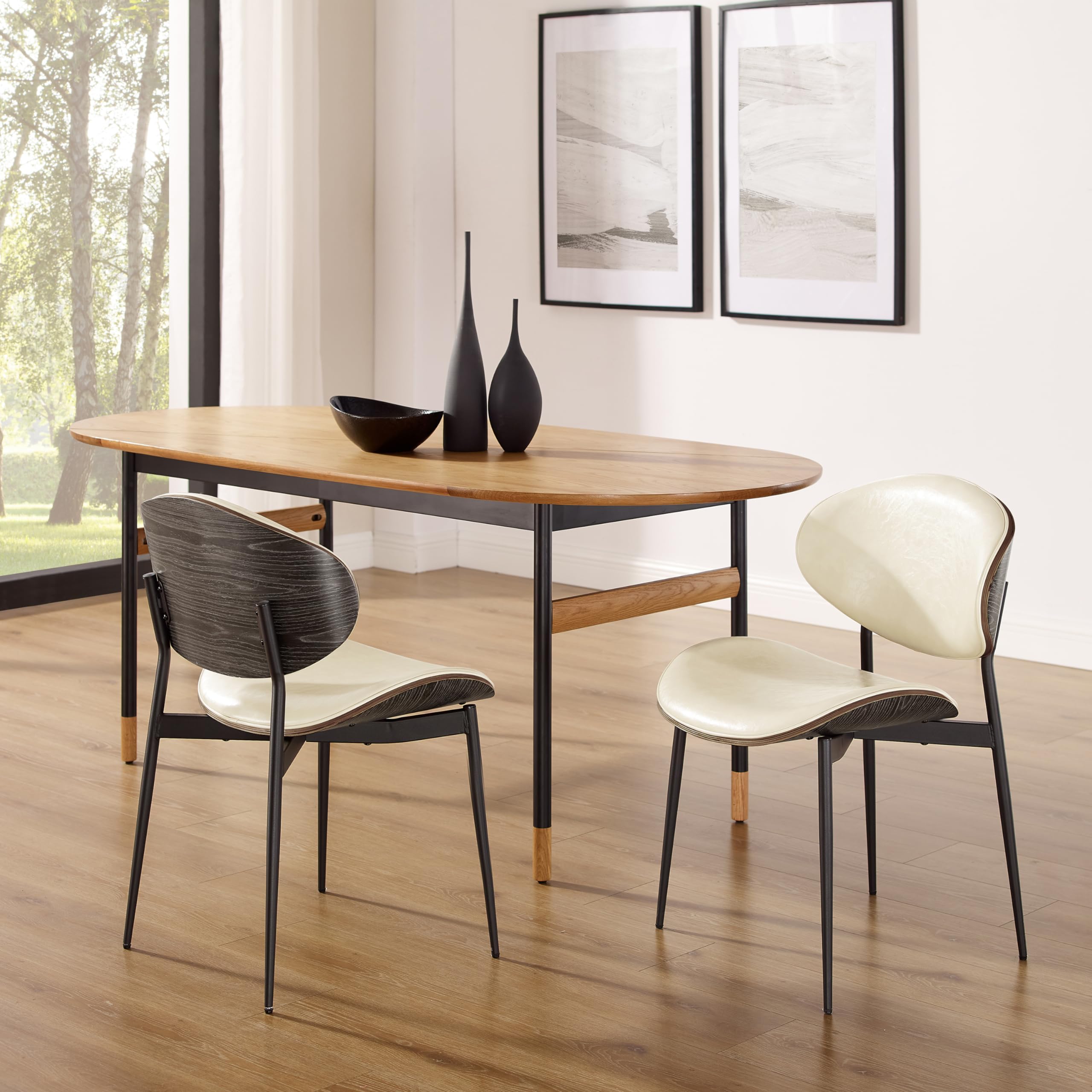 Art Leon Mid Century Modern Dining Chairs - Set of 2 Black Oak Bentwood Chairs with Off White Faux Leather Upholstery - Perfect for Kitchen, Dining Room & Bedroom Accent Seating