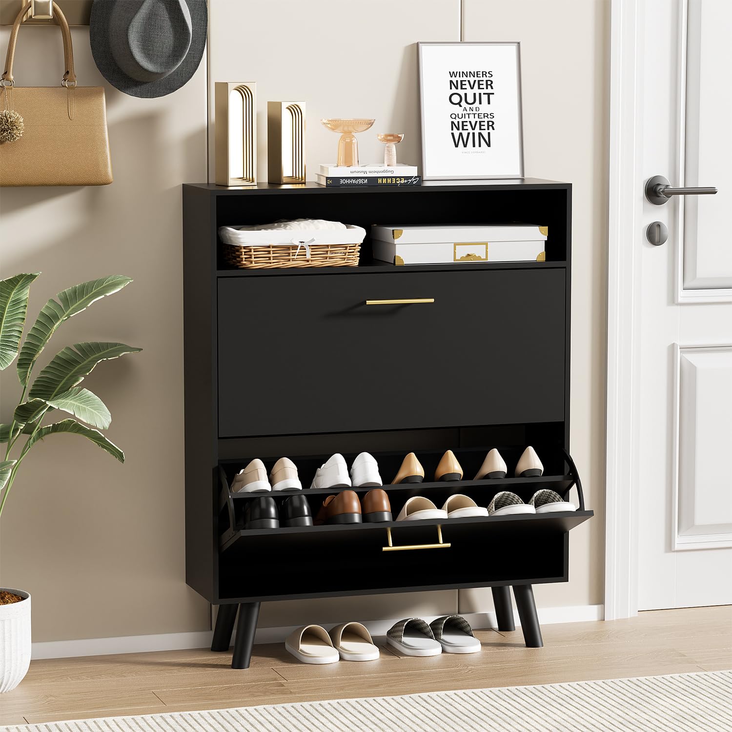 Modern Black Shoe Cabinet with 2 Flip Drawers - 2 Tier Freestanding Shoe Organizer for Entryway, Hallway & Living Room - Space Saving Storage Solution for Shoes, Boots & Accessories - Perfect for Small Apartments & Clutter-Free Homes