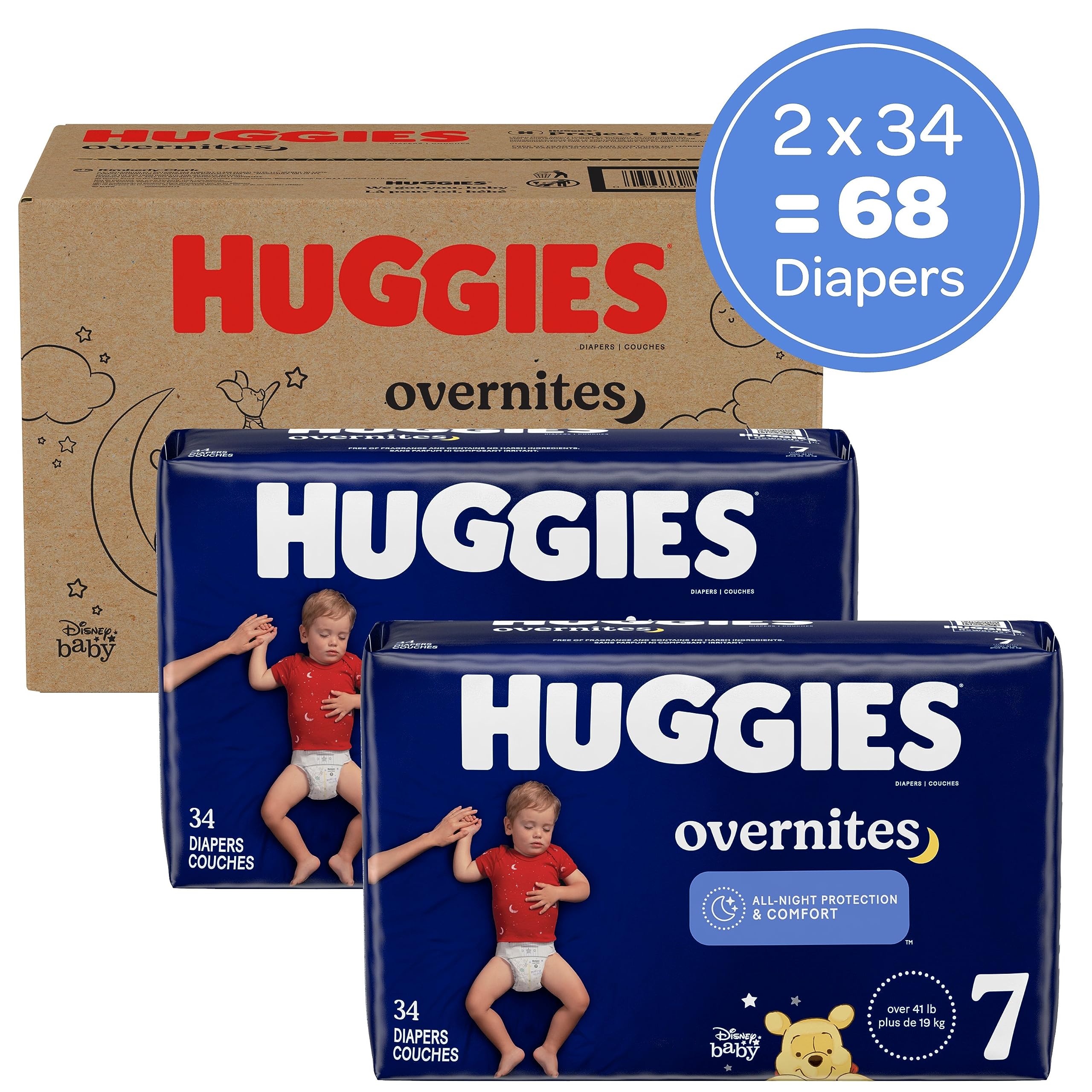 Huggies Little Movers Size 7 Disposable Baby Diapers - 80 Count Pack (1 Month Supply) & Overnites Nighttime Diapers Size 7 (41+ lbs) - 68 Count - Ultra Absorbent for Active Babies - Perfect for Daytime Play & Overnight Protection