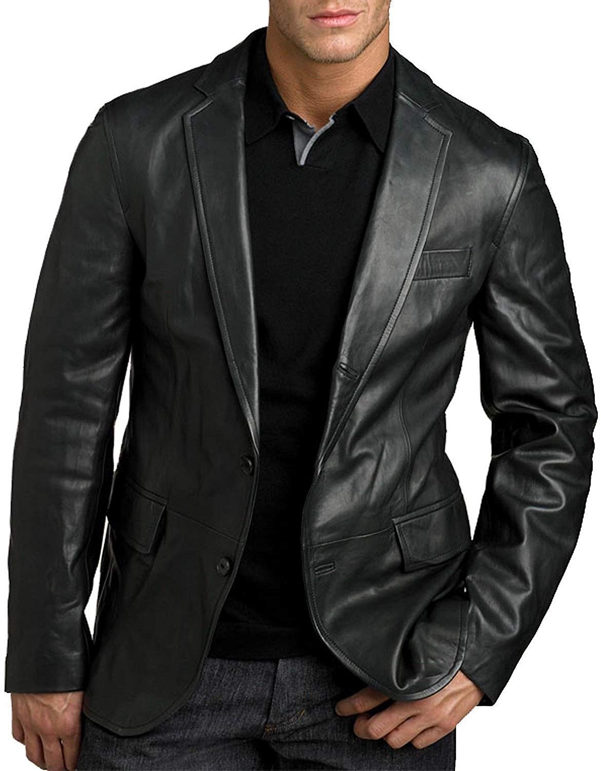 Genuine Lambskin Leather Blazer for Men - Two Button Black Coat | Formal & Business Attire for Office, Weddings & Special Events