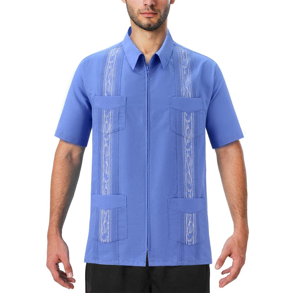 EUMAYA Men's Casual Guayabera Shirt - Short Sleeve Cuban Style Zipper Shirt for Summer, Beach & Vacation - Mexico Inspired Fashion for Men