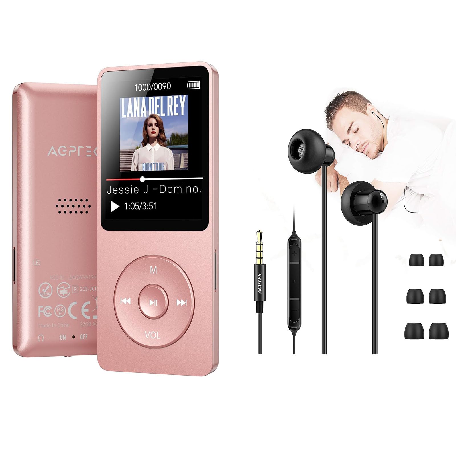 AGPTEK A02 MP3 Player with Noise Cancelling Earbuds - Portable Music Player for Running, Gym Workouts & Sleep | 8GB Storage, FM Radio, Voice Recorder