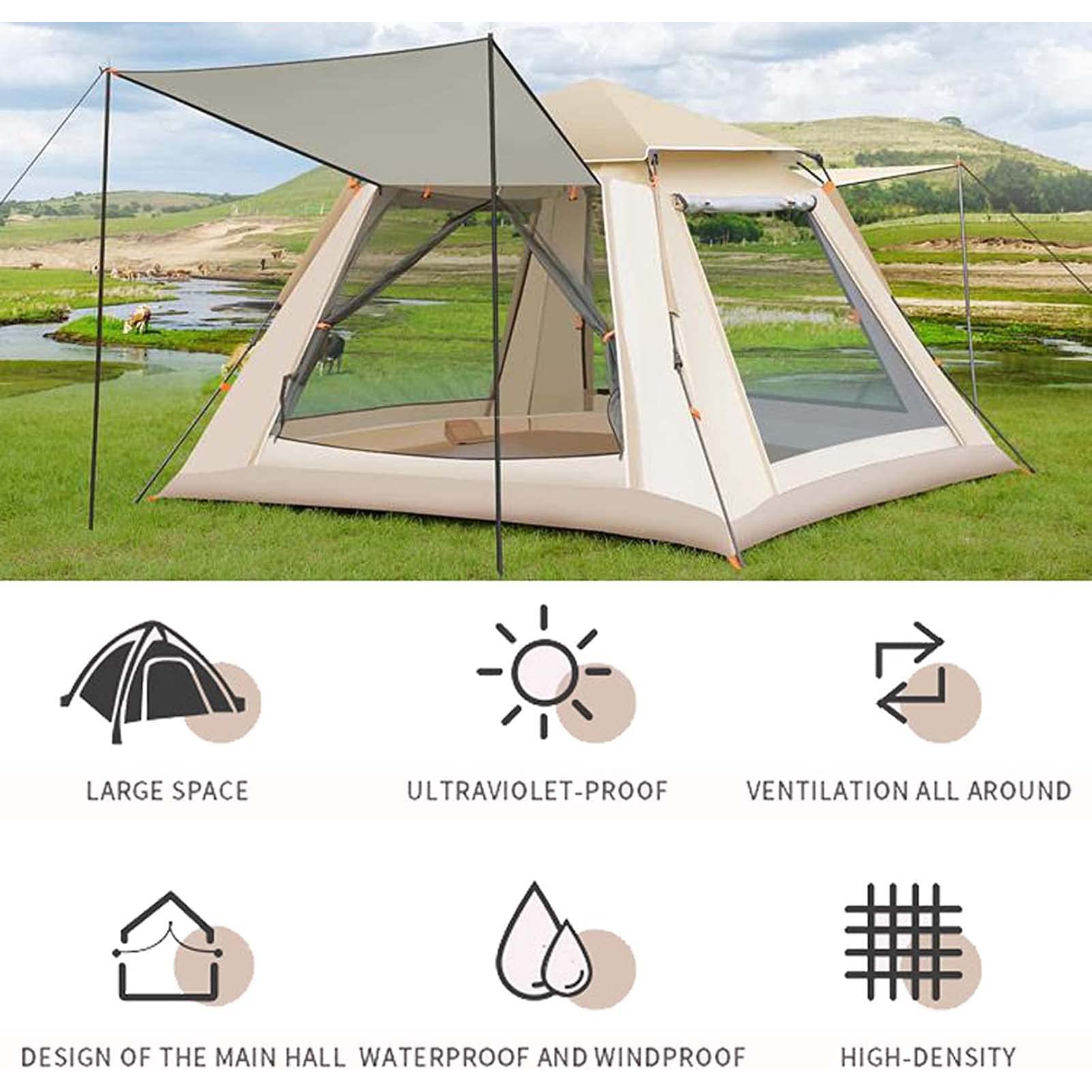 Pop Up Backpacking Tent - 7 Person Instant Setup Family Camping Tent with 2 Doors, 2 Windows & Rainfly | Waterproof Lightweight Hiking Tent for Beach, Travel & Outdoor Adventures | Includes Carry Bag & 2 Vestibules