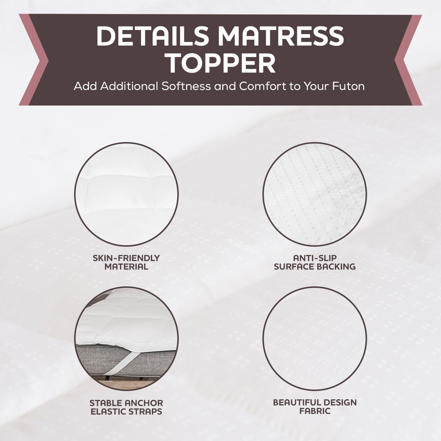 CirclesHome White Full Size Futon Mattress Topper with Anti-Slip Anchors - Plush Down Alternative Filling, Soft & Hypoallergenic Cover (54