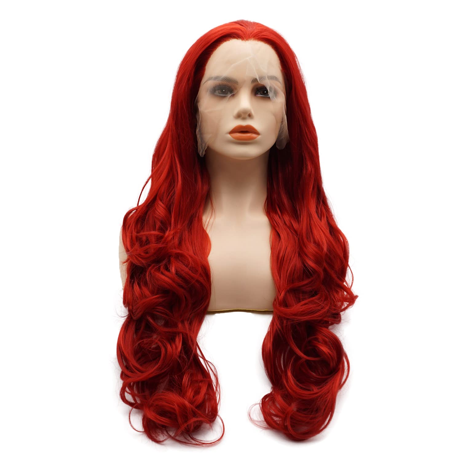 26 Inch Long Wavy Red Synthetic Lace Front Wig - Heat Resistant, Heavy Density, Natural Looking Hairpiece for Cosplay, Halloween & Daily Wear