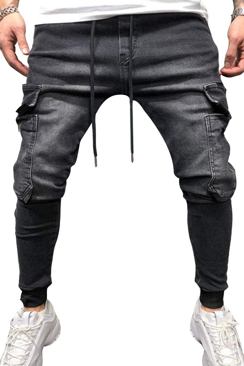 Men's Stretch Slim Fit Denim Jogger Pants - Casual Tapered Cargo Sweatpants with Elastic Cuffs & Pockets | Comfortable Hipster Jeans for Workout, Lounge & Streetwear (Black, Medium)