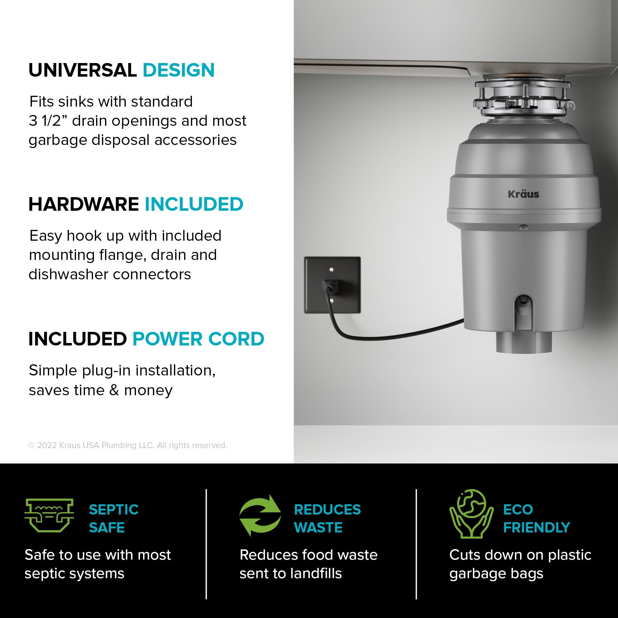 KRAUS WasteGuard 3/4 HP High-Speed Continuous Feed Ultra-Quiet Garbage Disposal with Power Cord & Universal Mount - Perfect for Kitchen Sink Waste Disposal (Model KWD210-75MGR)