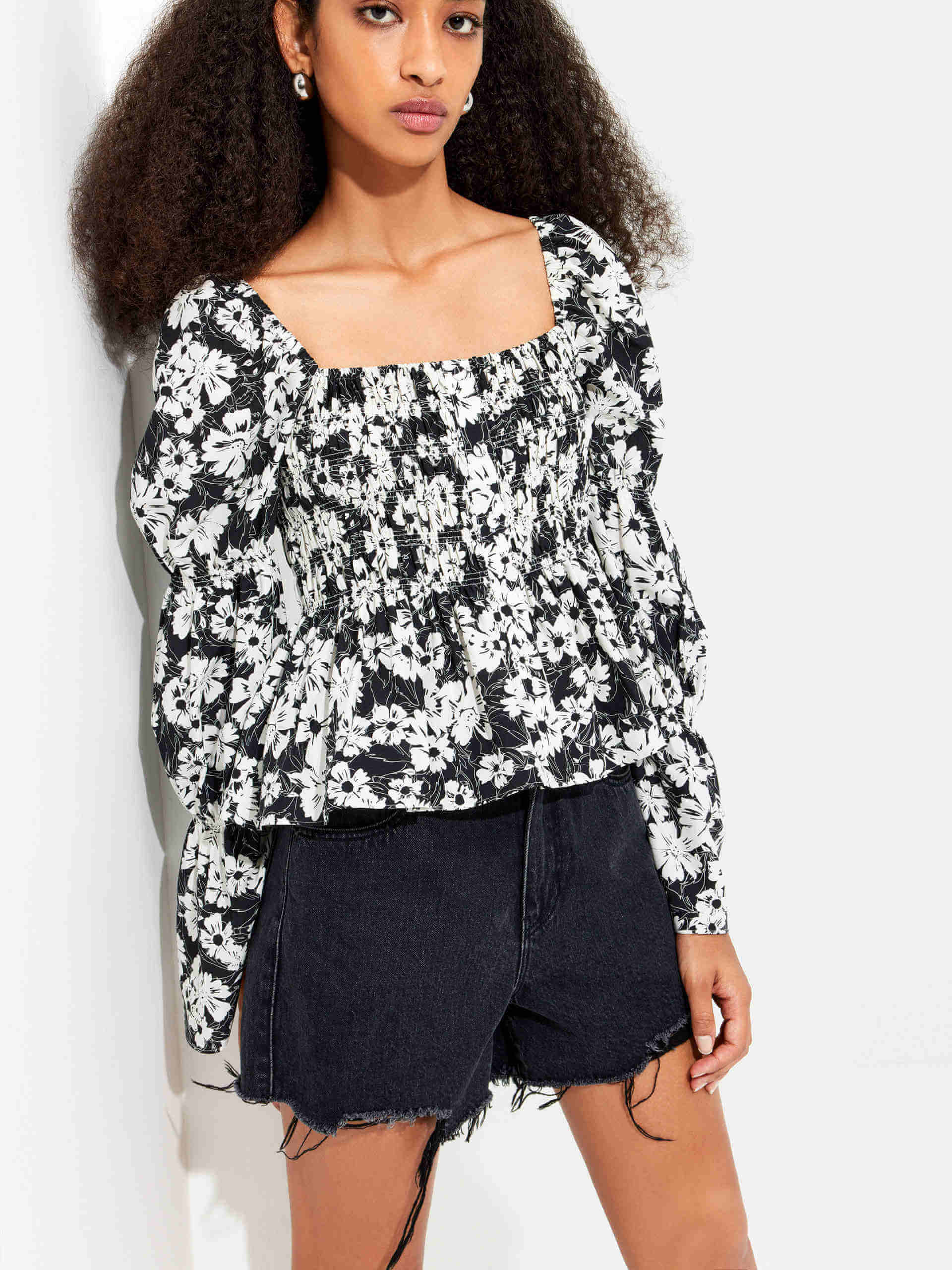 Silk Smocked Detail Top for Women - Elegant Blouse with Floral Embroidery & Ruffled Sleeves | Perfect for Parties, Weddings & Date Nights