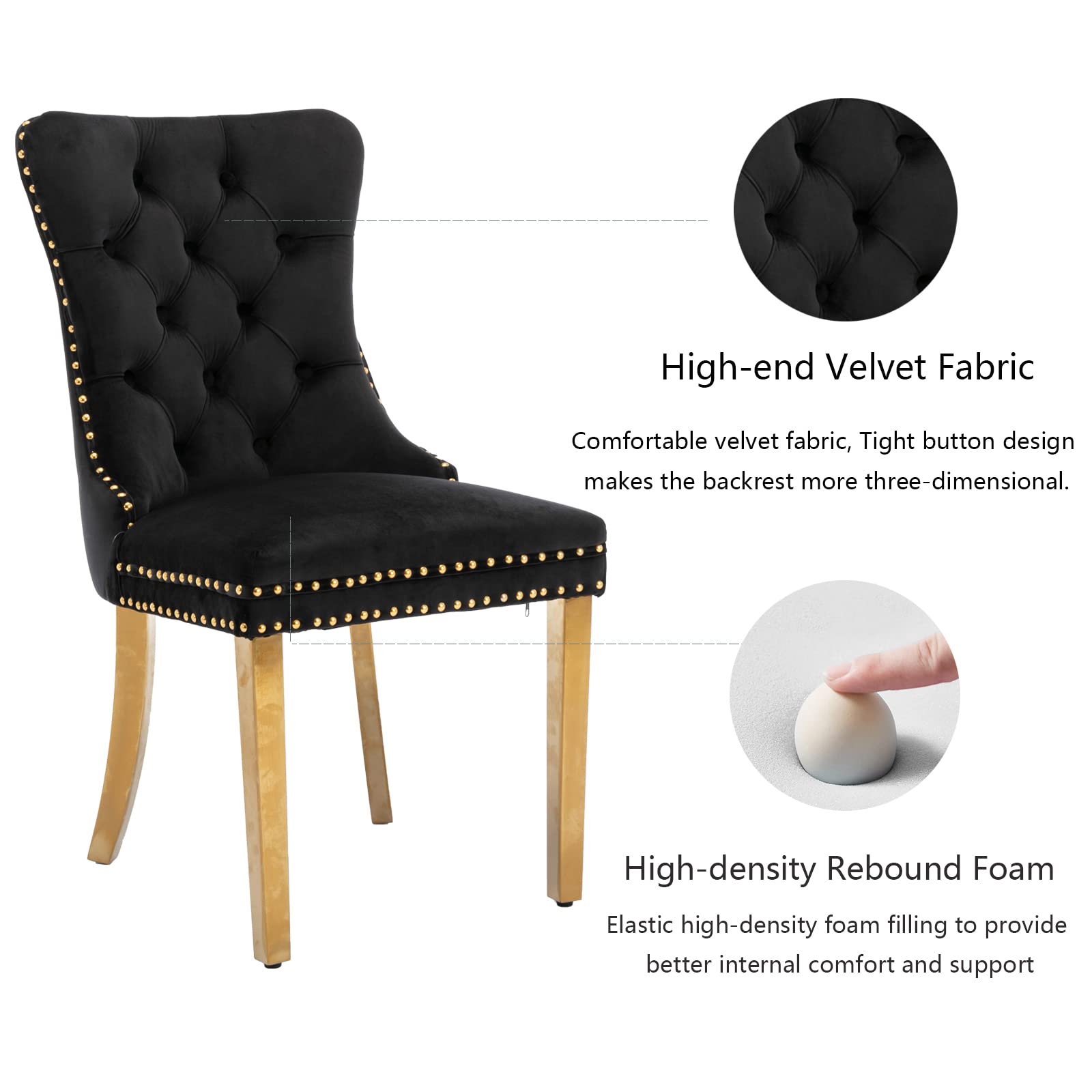 Black Velvet Dining Chairs Set of 4 - Modern Upholstered Kitchen & Dining Room Chairs with Gold Stainless Steel Legs & Ring Pull Trim - Elegant Seating for Home, Restaurant, and Office Use