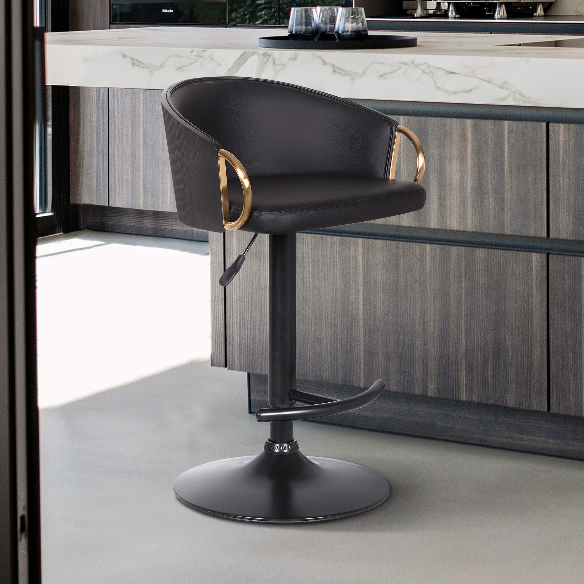 Armen Living Solstice Adjustable Black Faux Leather Swivel Bar Stool with Black Powder Coated Metal Base & Gold Accents - Perfect for Kitchen Islands, Home Bars & Modern Dining Areas