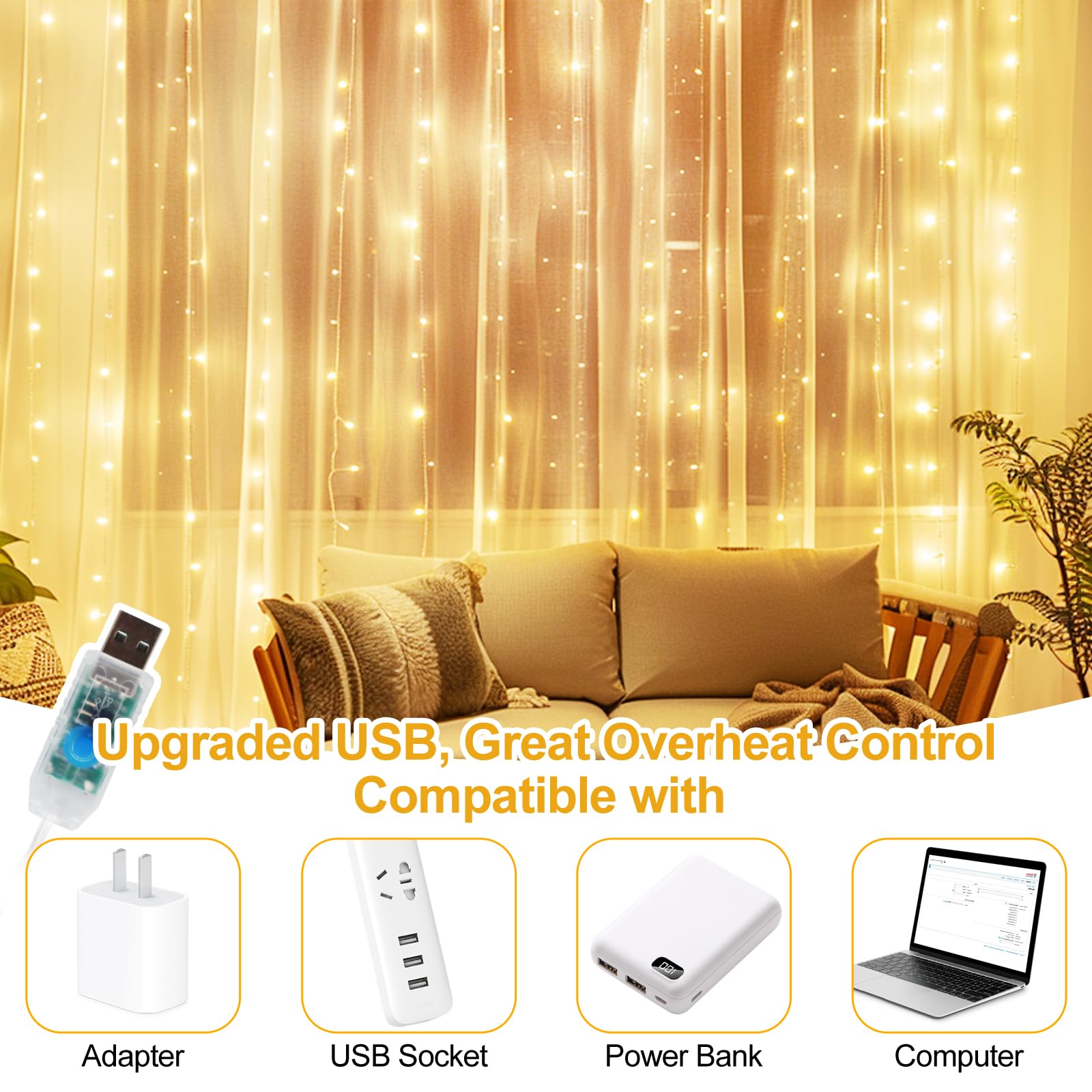 300 LED Fairy Curtain Lights - 9.8 x 9.8FT Warm White USB String Lights with Remote Control (8 Lighting Modes) for Christmas Decorations, Bedroom, Wedding, Party & Outdoor Use - Indoor/Outdoor Waterproof Hanging Lights for Home, Garden, Patio and Special Events