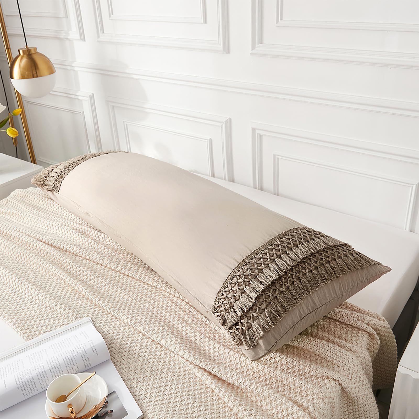 Taupe Macrame Tassel Body Pillow Cover 20x54 - 100% Soft Washed Microfiber Bohemian Pillowcase with Pocket Closure | Perfect for Home Decor, Nursery, Dorm Room & Cozy Bedroom