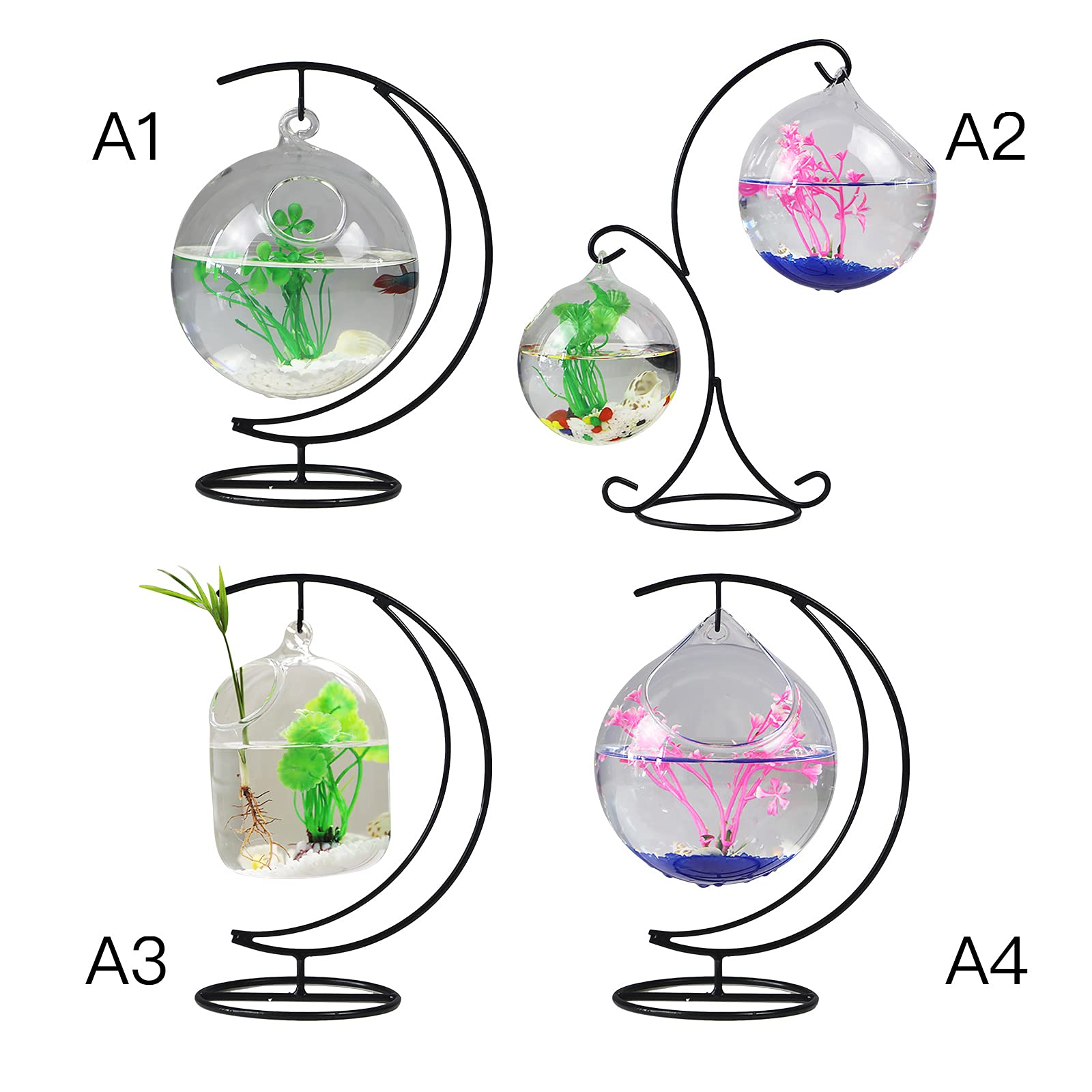 Small Hanging Glass Fish Tank with Stand - Mini Aquarium Bowl for Betta Fish, Clear Plant Terrarium | Perfect for Home, Office Desk Decor & Zen Relaxation Spaces