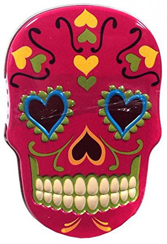 Colorful Sugar Skull Candy Tin - Pink Mexican Day of The Dead Metal Container for Halloween, Dia de Los Muertos Party Favors & Home Decor
