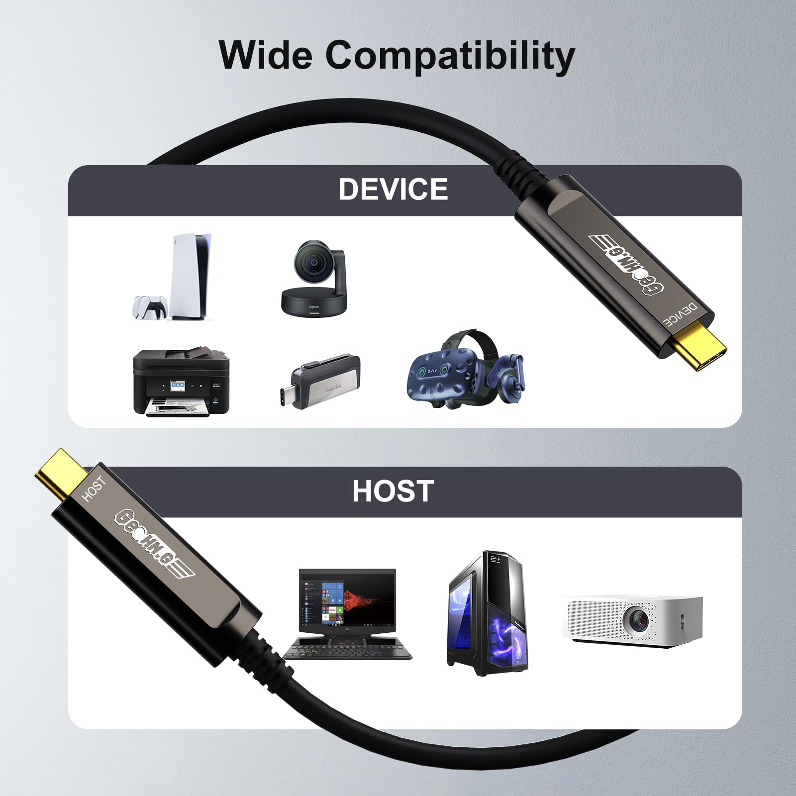 GeoHN.G USB C to C Fiber Optic Cable 5M/16.5FT - 10Gbps High-Speed USB 3.2 Gen 2 Extension Cord for Long Distance Data Transfer - Compatible with VR Headsets, DSLR Cameras, Mini PCs, Laptops, Webcams, Printers - Ideal for Gaming Setups, Home Office & Studio Equipment