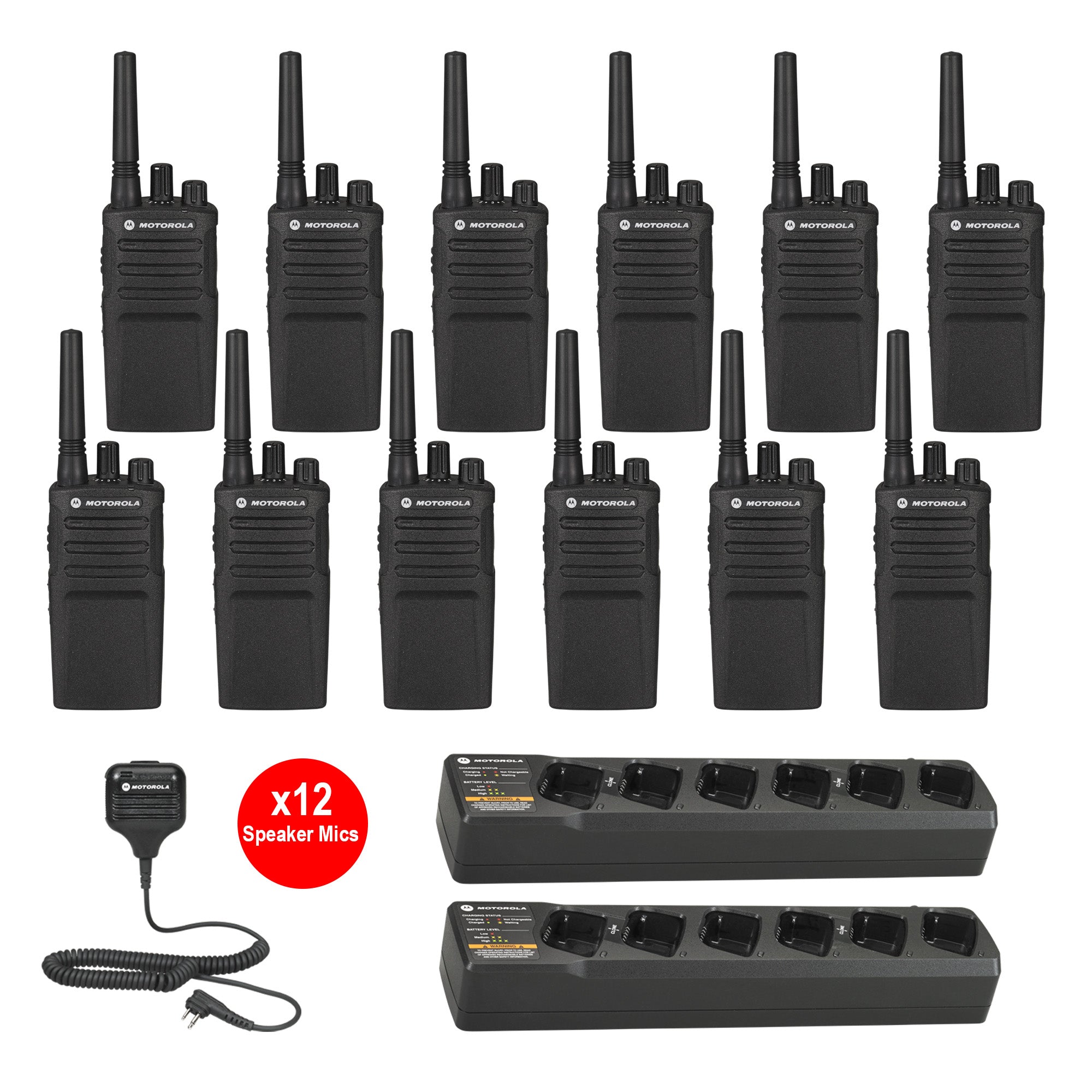 Motorola RMU2080 Two-Way Radio 12-Pack with Multi-Unit Charger & Speaker Microphones - Ideal for Construction, Warehouses, and Event Coordination