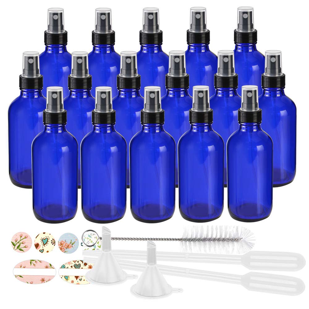 STARSIDE 16 Pack 4oz (120ml) Blue Glass Spray Bottles with Fine Mist Nozzle & Dust Cap - Refillable for Essential Oils, Perfume, Cleaning Solutions - Includes 1 Brush, 2 Funnels, 2 Droppers & 18 Labels - Perfect for DIY, Home, Salon & Travel Use
