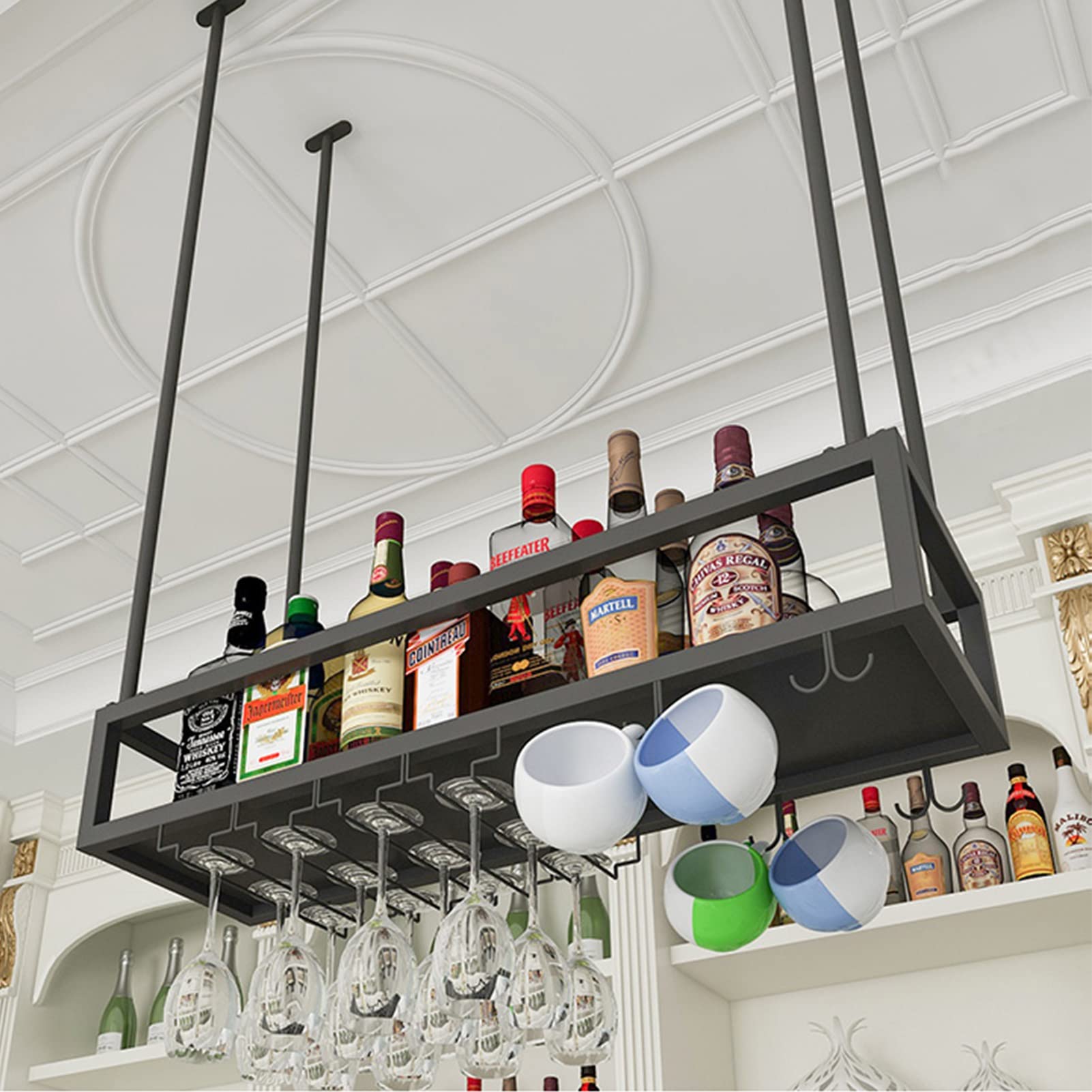 GELISURE Hanging Wine Rack - Under Cabinet Wine Bottle & Glass Holder for Kitchen, Bar, Dining Room - Decorative Stemware Storage Shelf for Wine Goblets - Perfect for Small Spaces & Home Decor