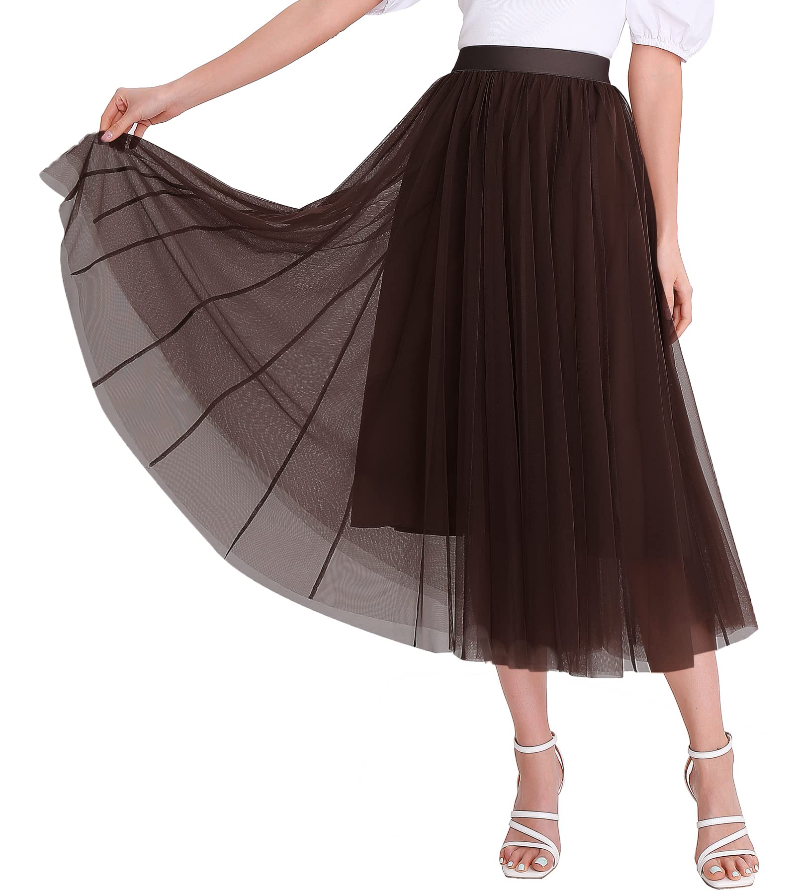 Women's High Waist Tulle Midi Skirt - Elastic Waistband, Pleated Mesh A-Line Tutu Skirt for Party, Wedding, Prom, Dance & Special Occasions