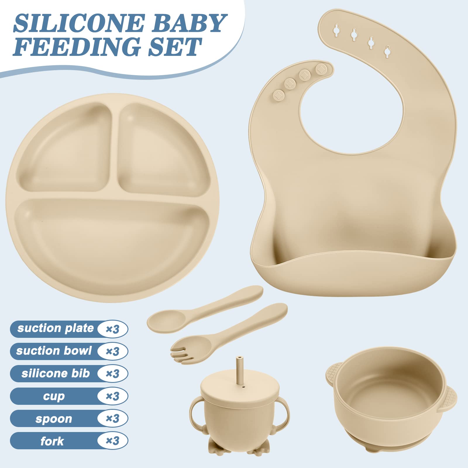 18-Piece Silicone Baby Feeding Set - Adjustable Toddler Bibs, Suction Bowls, Divided Plates, Spoons, Forks & Cups - BPA-Free Infant Dinnerware (Gray Blue, Navy Green, Beige) - Perfect for Mess-Free Mealtime at Home or On-the-Go