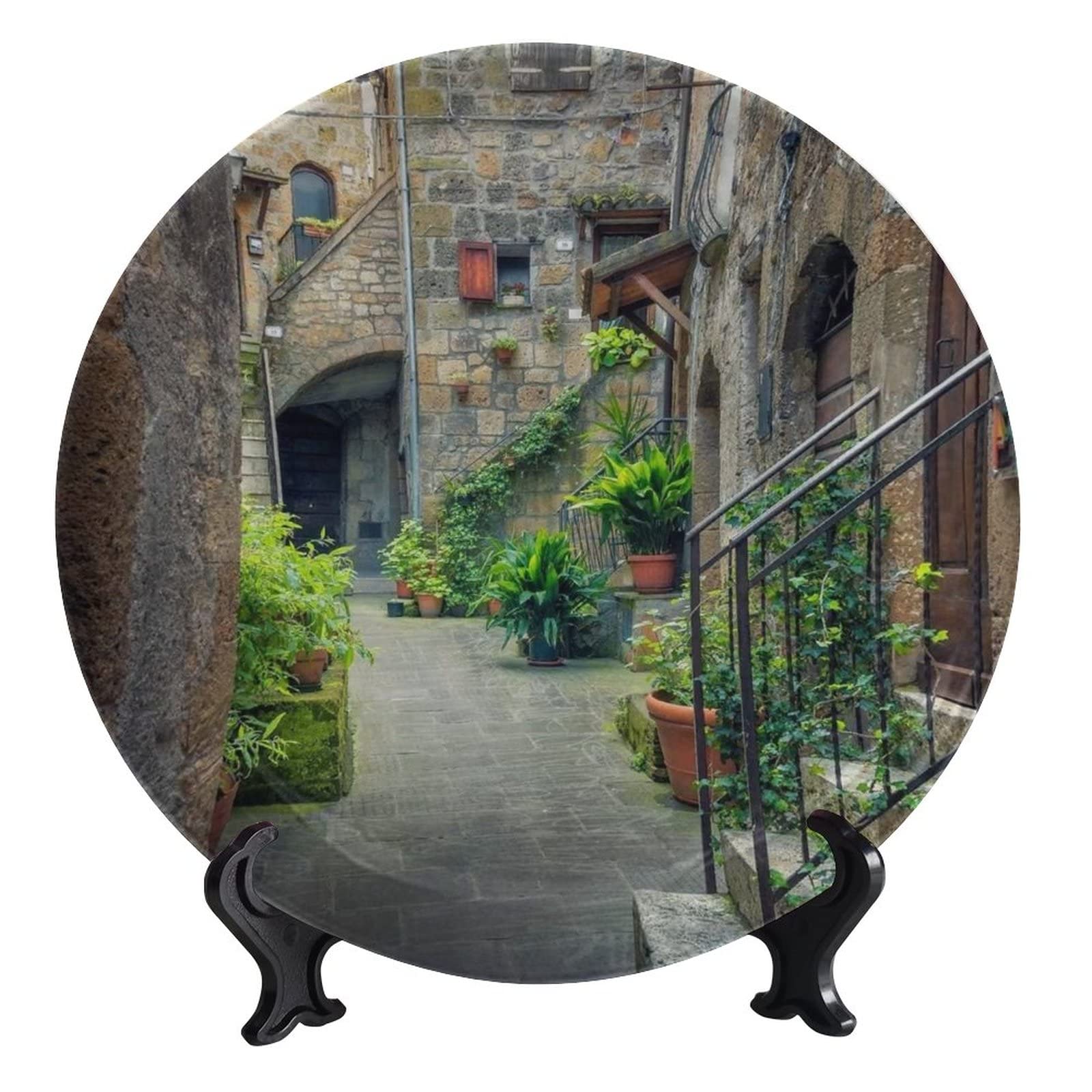 Tuscany Pattern Round Decorative Ceramic Plate with Stand - 8 Inch Exotic Stone & Brick Design for Tabletop, Bedroom, Living Room, Bathroom Decor | Perfect for Home, Office, and Gift Giving