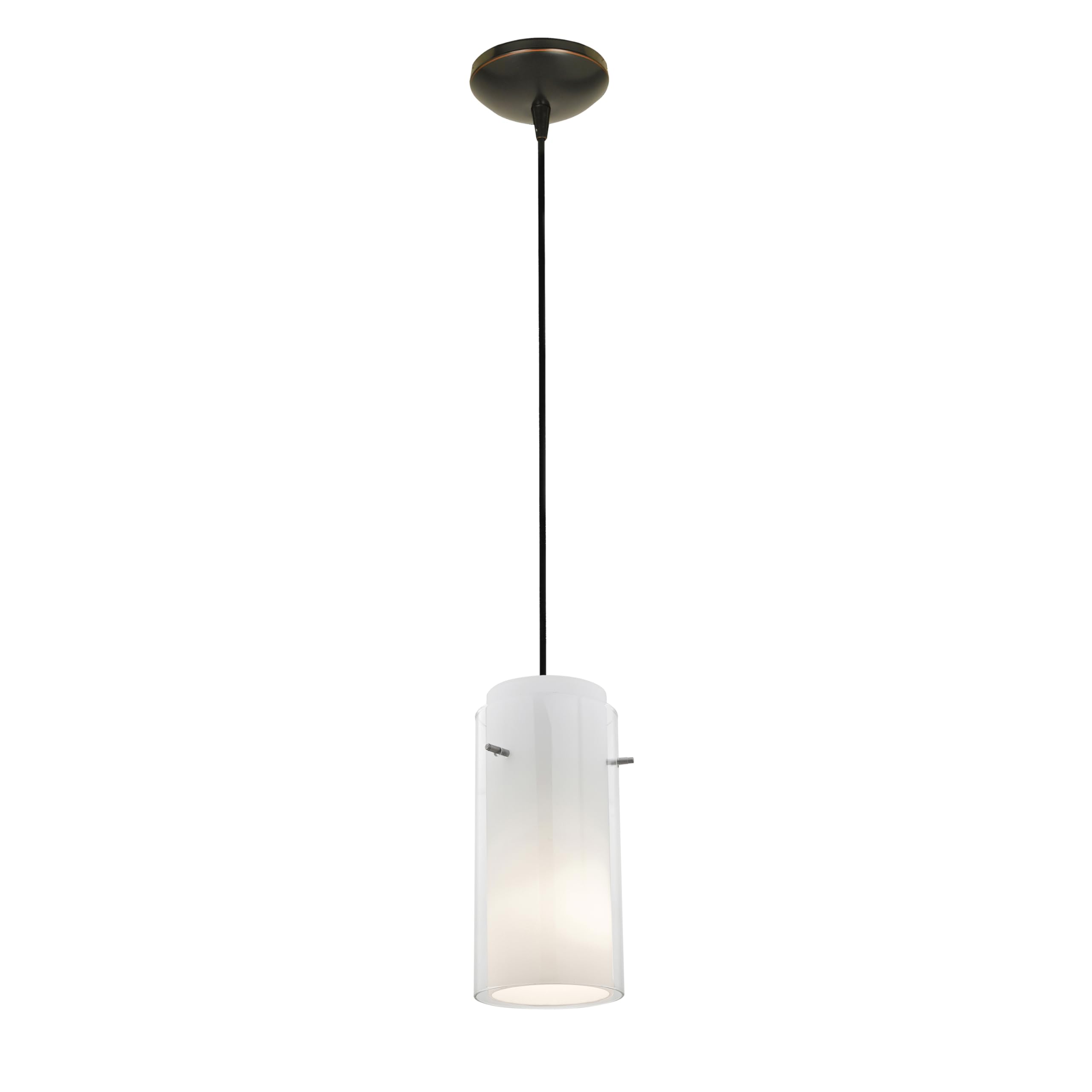 E26 LED Cord Pendant Light with Clear & Opal Glass Shade - Oil Rubbed Bronze Finish - Modern Cylinder Hanging Fixture for Kitchen Island, Dining Room or Bedroom Lighting
