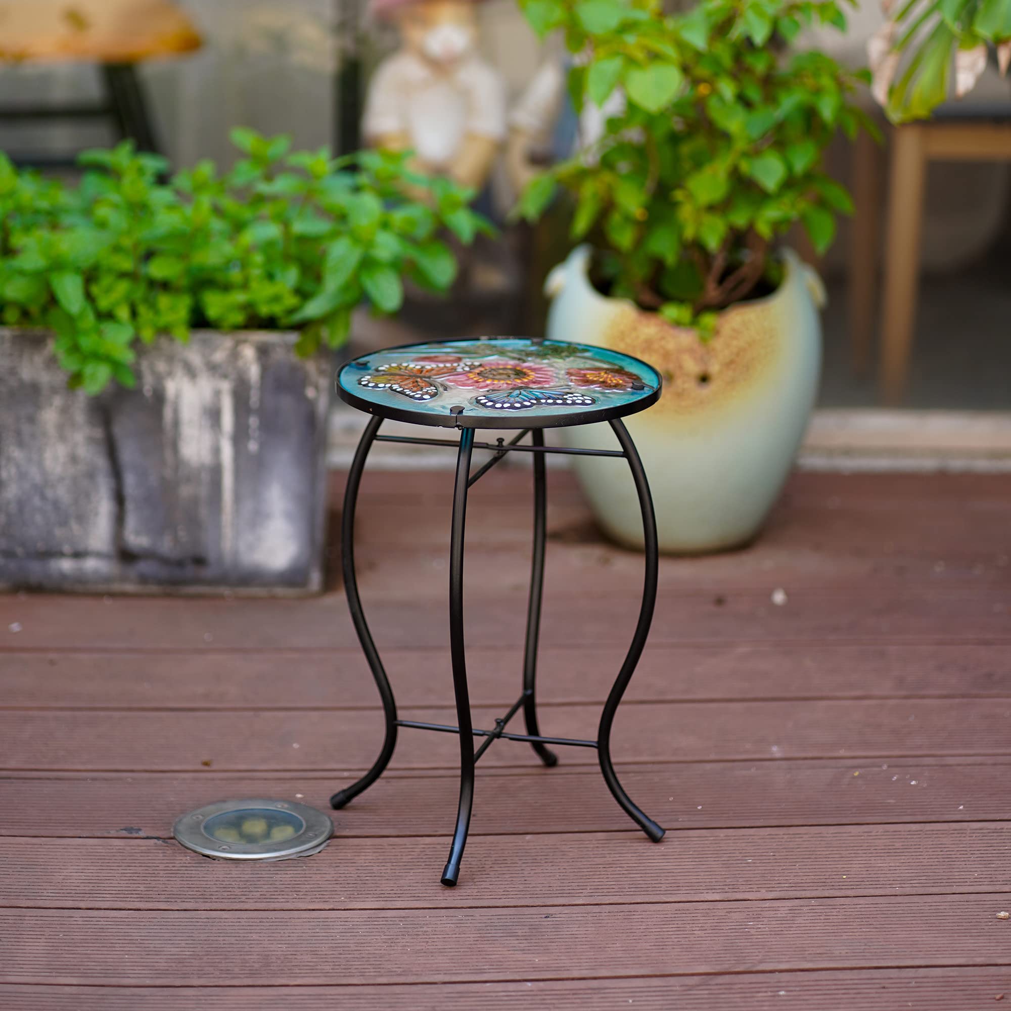 Butterfly Patio Side Table - Small Outdoor End Table with Metal Frame & Glass Top for Porch, Garden, Yard, Poolside - Perfect for Drinks, Plants & Decor