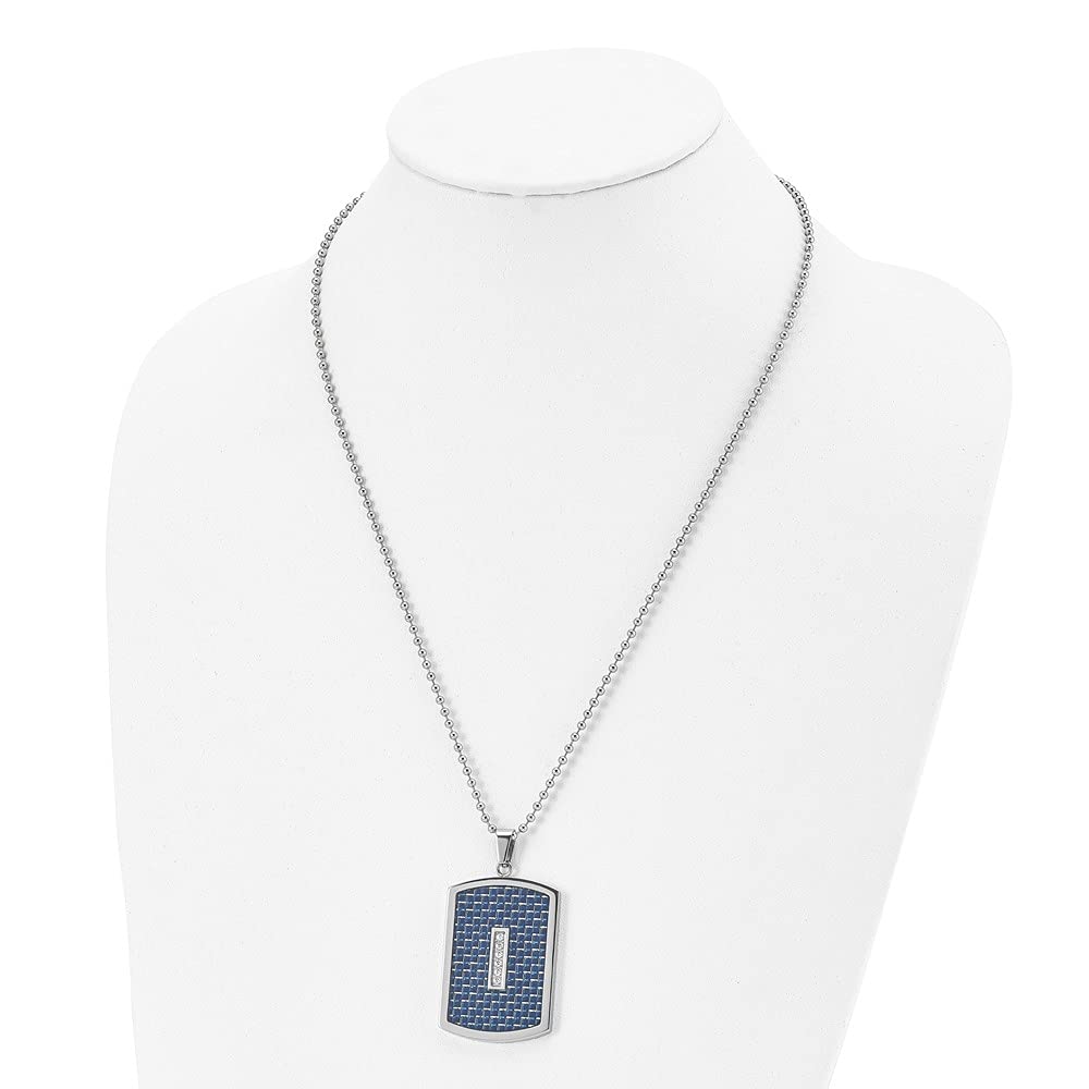 Men's Black Bow Stainless Steel CZ & Blue Carbon Fiber Dog Tag Necklace - 22 Inch Chain - Stylish Military Inspired Jewelry for Casual Wear, Gifts & Everyday Fashion