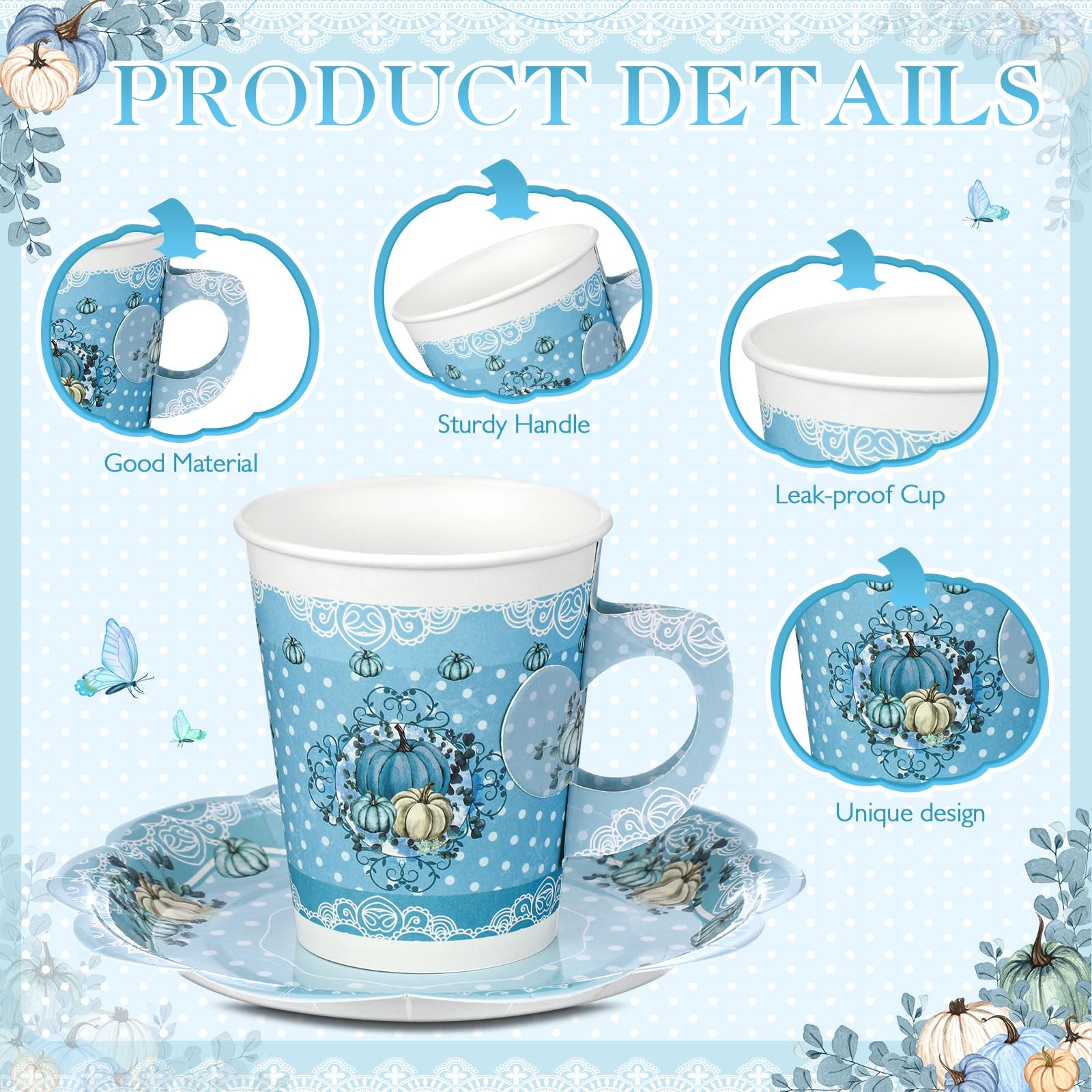 100 Pcs Blue Little Pumpkin Baby Shower & Tea Party Decorations Set - 50 Disposable 9 oz Paper Tea Cups with Handles & 50 Matching Plates - Perfect for Gender Reveal, Birthday Parties & Fall Themed Events