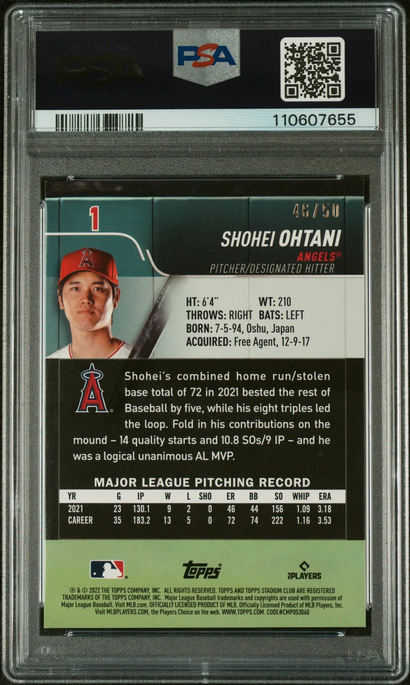 2022 Topps Stadium Club Shohei Ohtani Blue Foil Baseball Card PSA 9 /50 - Rare Collectible for Sports Memorabilia Fans & Investment