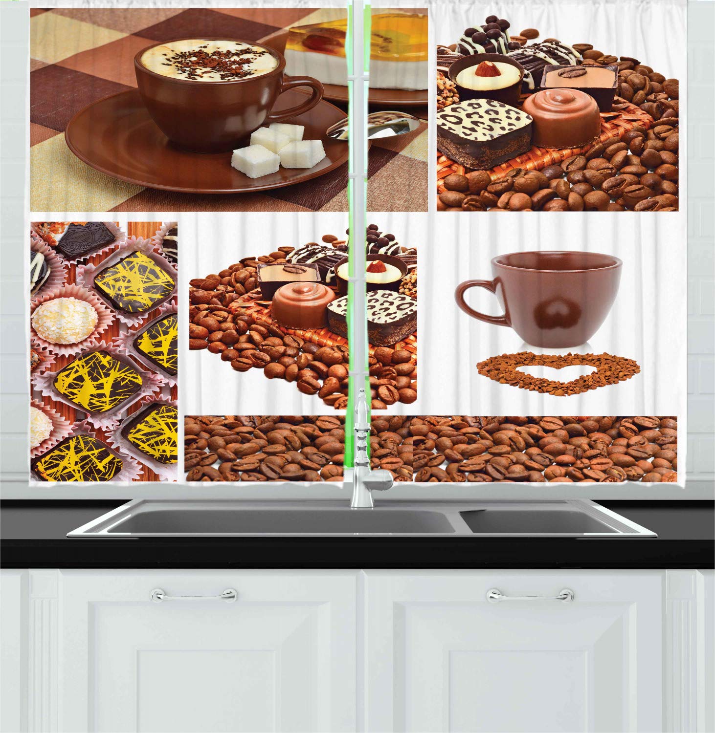 Ambesonne Coffee Themed Kitchen Curtains - Chocolate Sweets, Muffins & Coffee Beans Print Window Drapes - 2 Panel Set for Kitchen & Cafe Decor (55