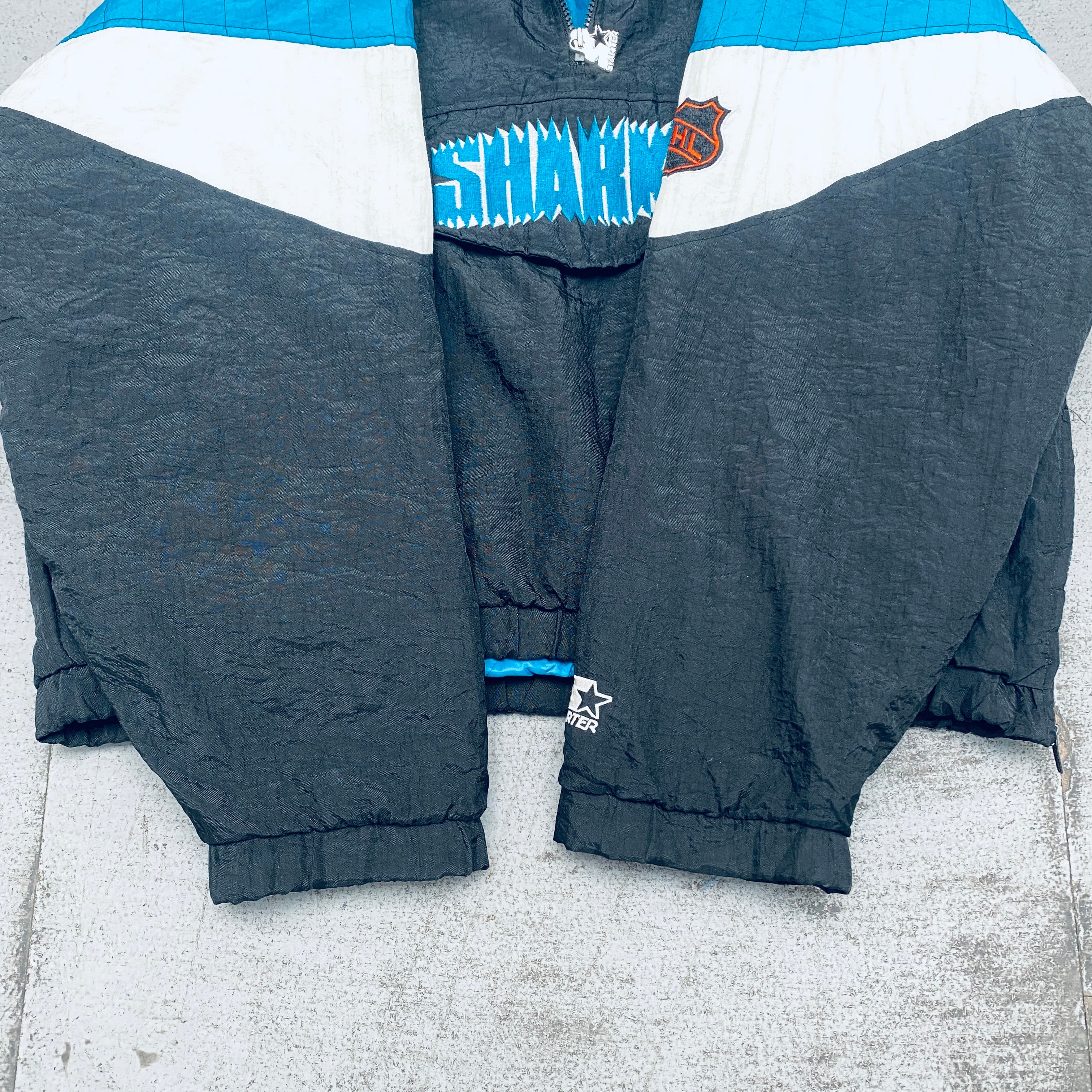 San Jose Sharks 1990s Vintage 1/4 Zip Breakaway Jacket - NHL Hockey Starter Pullover (Large/XL) - Perfect for Game Day, Fan Gear & Retro Sports Fashion