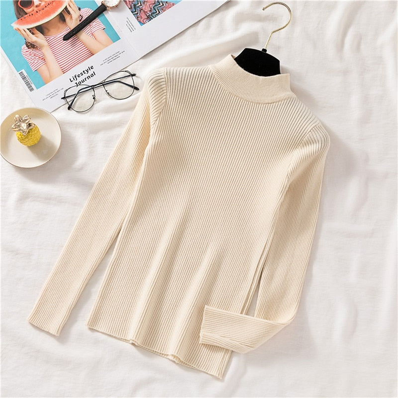 Women's Autumn Pullover Sweater - Half Turtleneck Long Sleeve Knit Jumper Winter Elastic Solid Basic Blouse | Cozy Fall & Winter Layering for Office, Casual Outings