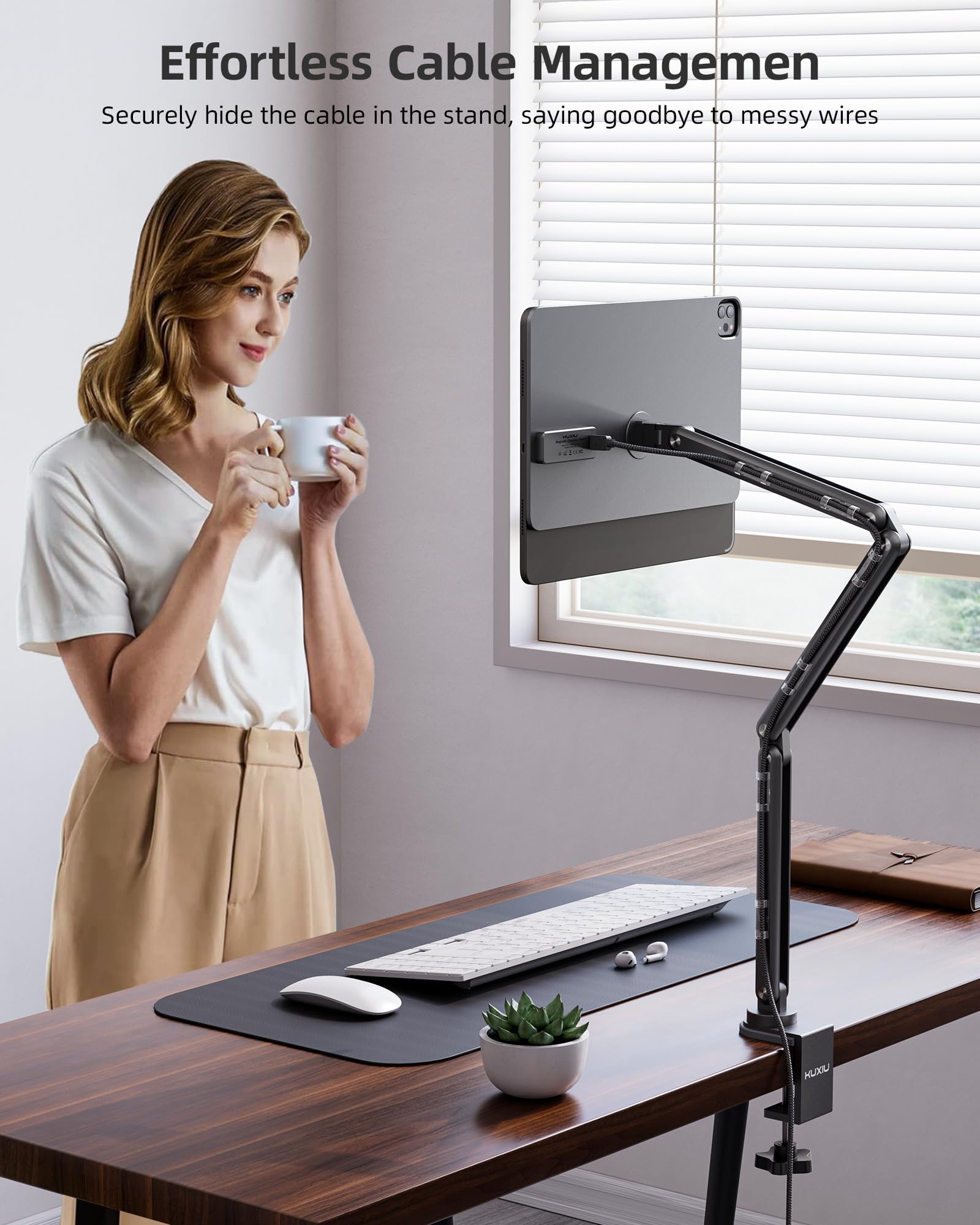 Magnetic Wireless Charging Stand for iPad Pro 13 M4 (2024) - 360° Adjustable Aluminum Alloy Tablet Holder with 2M USB C Cable - Foldable Desktop Stand for Work, Study & Entertainment
