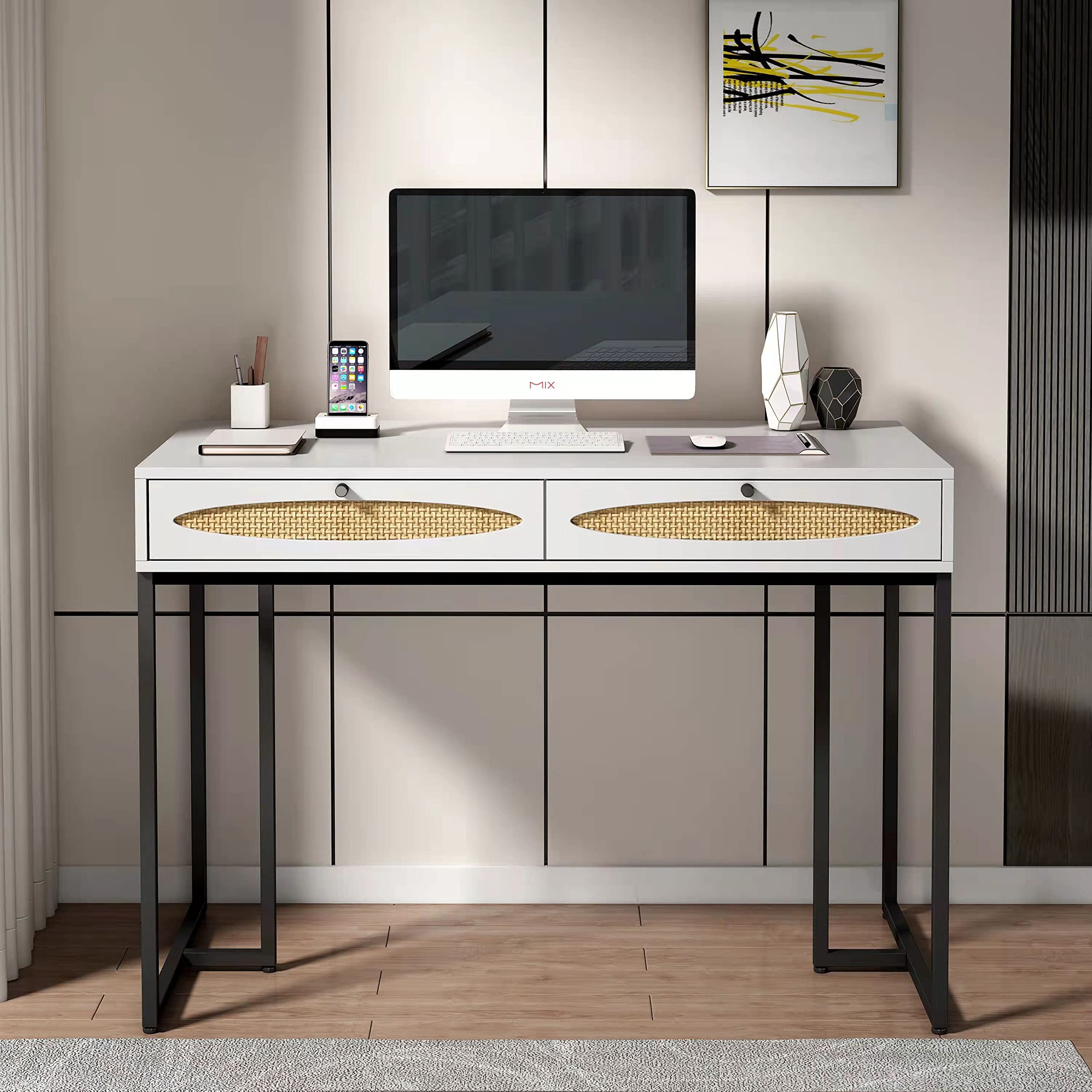 Modern Simple Console Table with 2 Drawers & Black Metal Legs - Farmhouse Entryway Hallway Table, Natural Rattan Home Office Desk for Living Room Bedroom - Perfect for Small Spaces, Apartment Decor & Study Workstation (White)