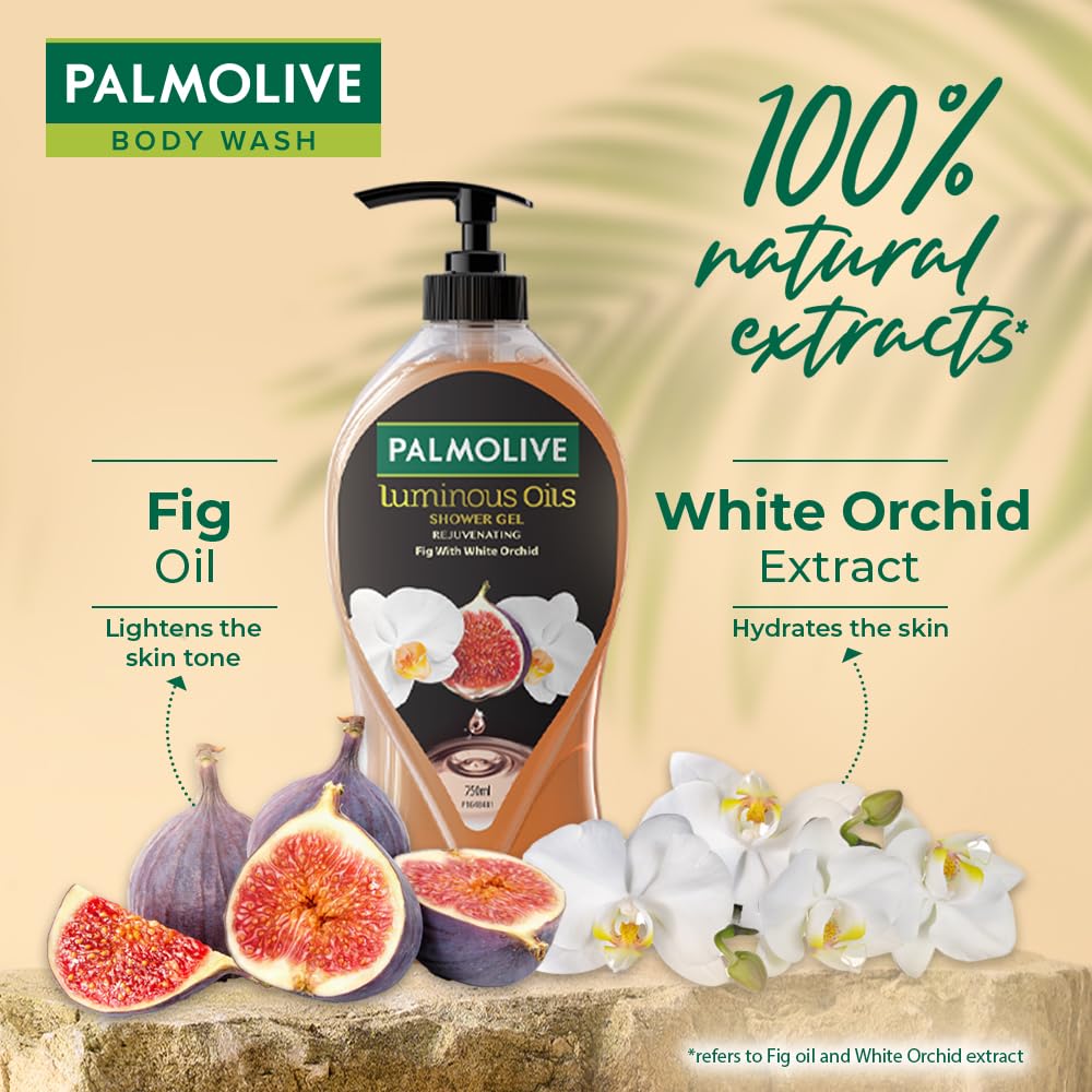 Palmolive Luminous Oil Rejuvenating Body Wash for Women & Men - 750ml Pump Bottle with 100% Natural Fig Oil & White Orchid | Paraben-Free & Silicone-Free Shower Gel for Soft, Radiant Skin | Perfect for Daily Hydration & Luxurious Spa Experience at Home