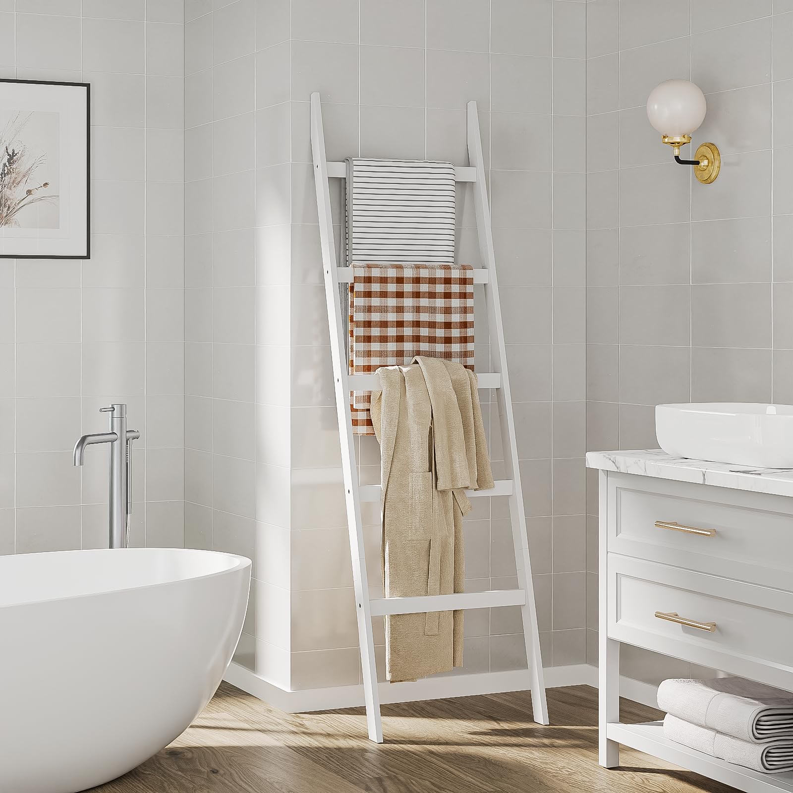 5-Tier Bamboo Blanket Ladder Towel Rack - Sturdy Leaning Shelf for Bathroom & Living Room - No Drill Wall Mount - Perfect for Towels, Quilts, Scarves & Decorative Storage (White) - Ideal for Farmhouse, Rustic & Modern Home Decor