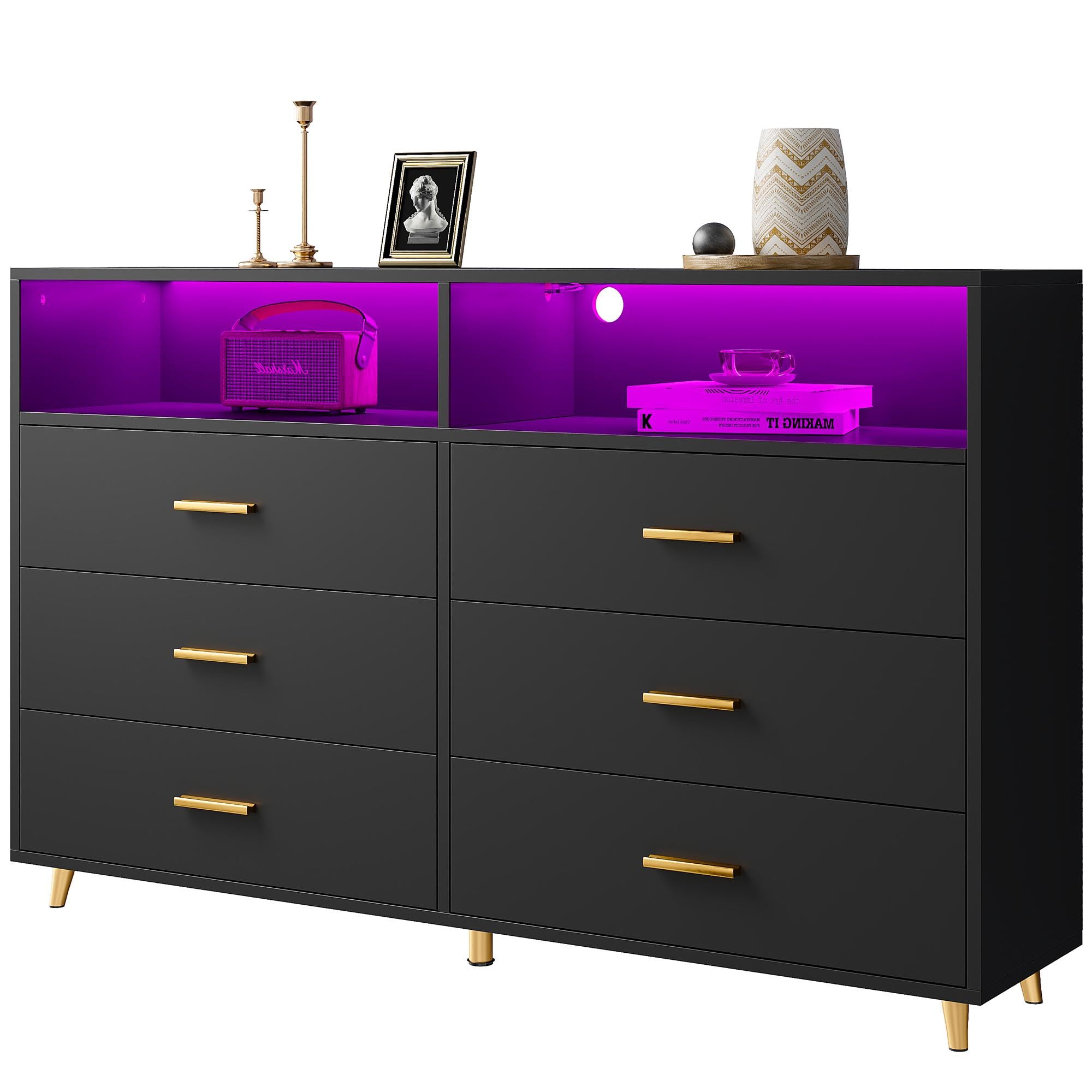 LED Wood Dresser for Bedroom - Wide Drawers, Metal Handles - Perfect for Clothes Storage & Entryway