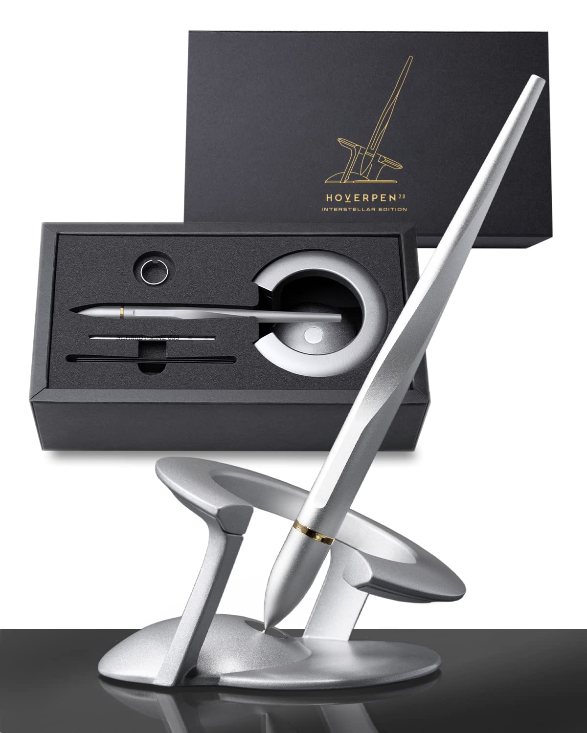 Novium Hoverpen Interstellar Edition - Premium Luxury Pen with Aerospace Alloy, Sleek Executive Design, Free Spinning Mechanism | Perfect Desk Decor & Unique Gift for Bosses, Women, Professionals (Starlight Silver, 18K Gold) | Ideal for Office Use, Business Meetings & Special Occasions