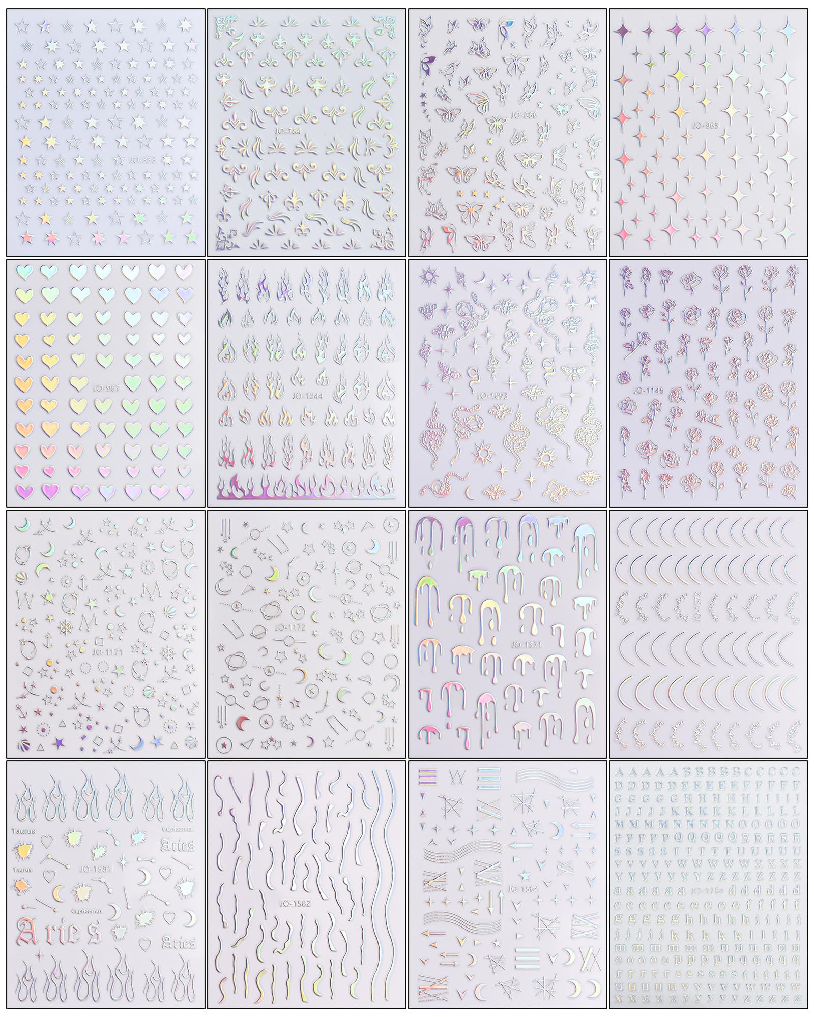 Aurora Holographic Nail Stickers - 16 Sheets Self-Adhesive Nail Decals with Glitter Stars & Hearts for DIY Nail Art Design | Perfect for Parties, Weddings, and Special Occasions