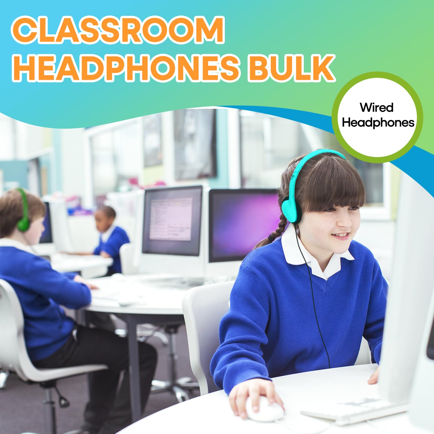 50 Pack Bulk Classroom Headphones - Durable Wired Earphones for Students, Kids, Teens & Adults - School Headset Set for Learning Centers, Libraries & Computer Labs (HY857, 50 Mixed Colors)