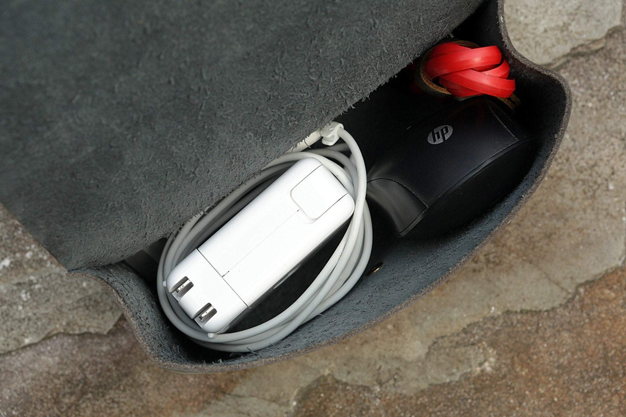 Handmade Gray Distressed Leather MacBook Charger Case Bag - Premium Laptop Cord Organizer for MacBook Pro/Air - Perfect for Travel, Office & Home Use