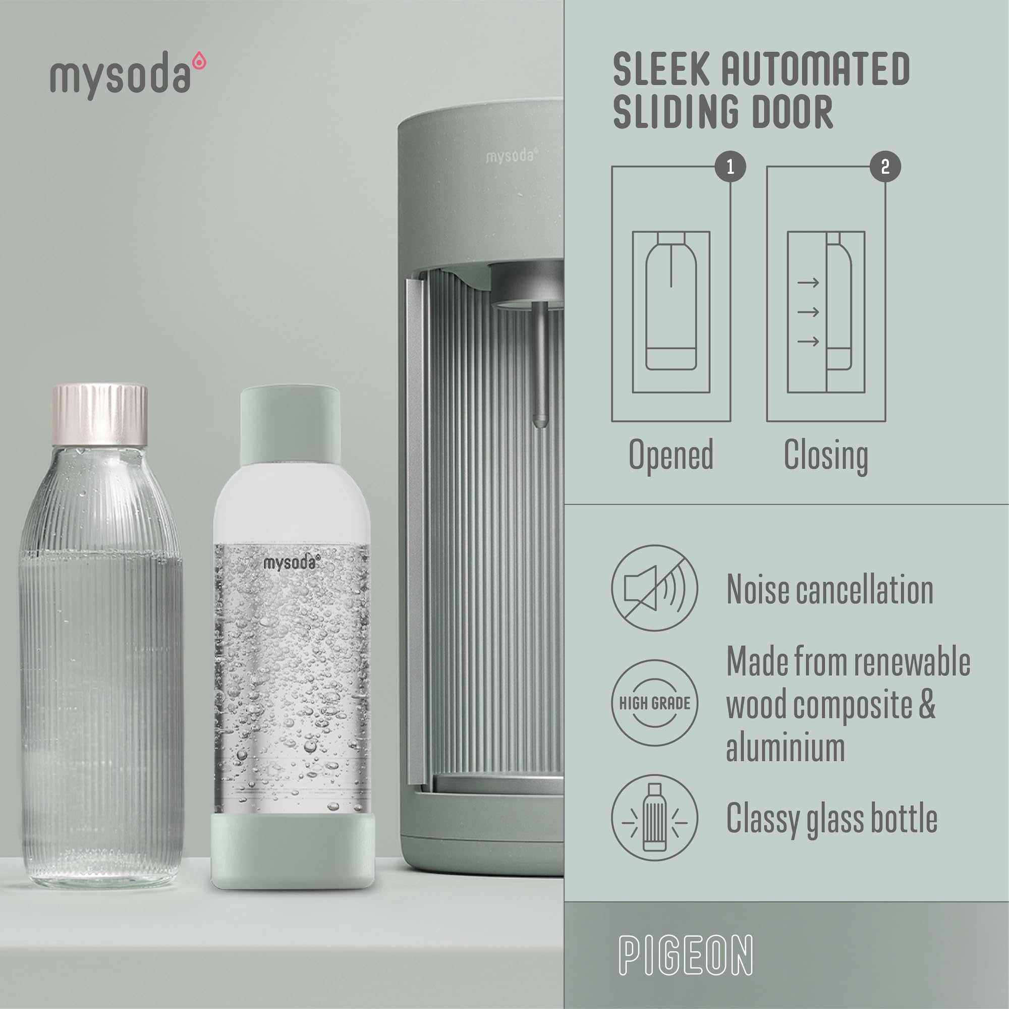 Mysoda Glassy Design Sparkling Water Maker - 1L Glass & Plastic Bottle, Silent Nordic Soda Machine with Sliding Door - Green (No Cylinder Included) | Perfect for Home, Office, Parties & Healthy Hydration