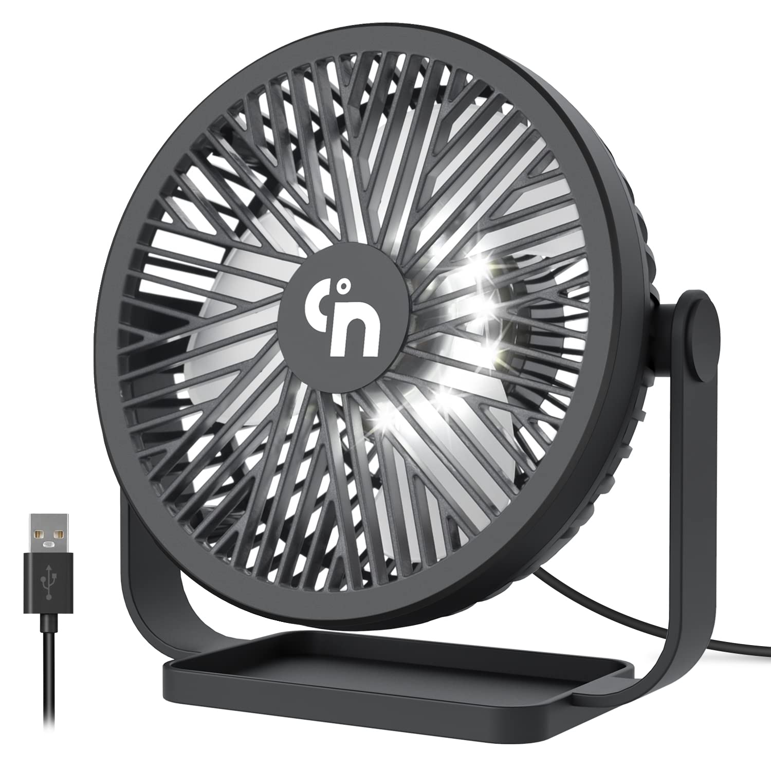USB Desk Fan with LED Night Light - 3 Speed Adjustable, 360° Rotation, Quiet Cooling Mini Fan for Home & Office (5.3 Inch) - Perfect for Bedroom, Desk, Computer Workstation & Nightstand Use